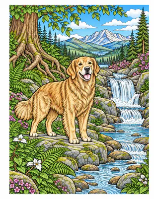 Golden Retriever beside a woodland stream color reference for Level 2 · Advanced