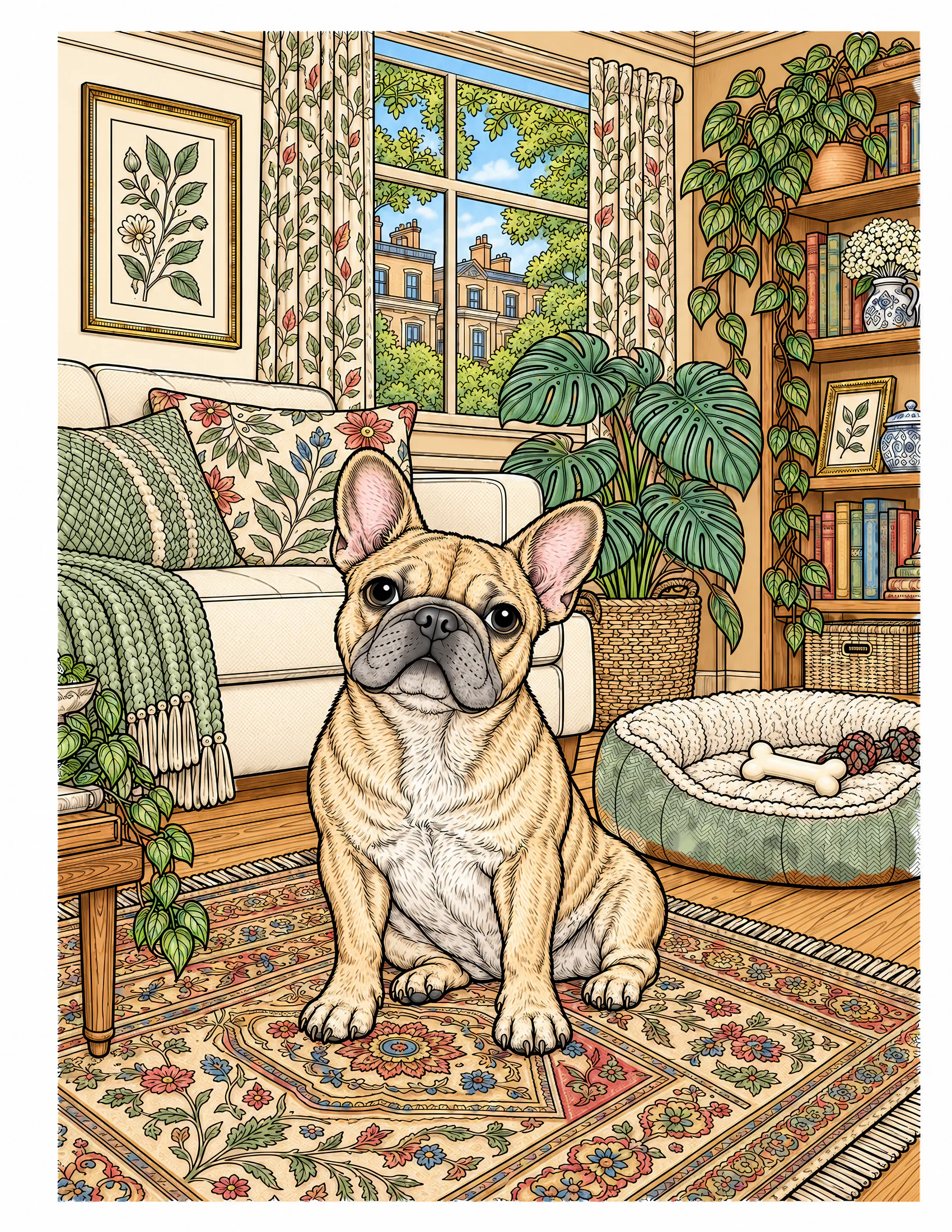 French Bulldog in a cozy apartment color reference for Level 2 · Advanced
