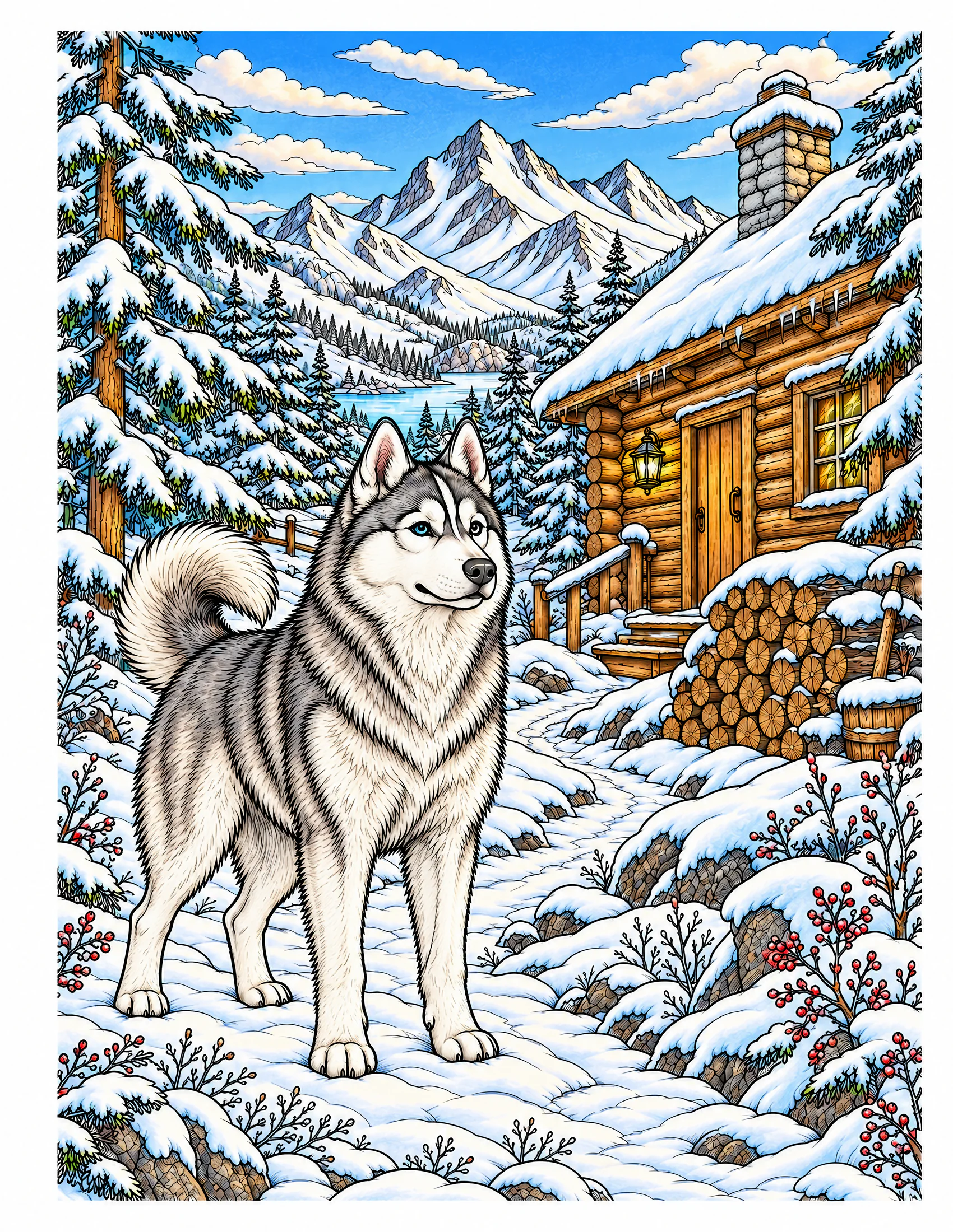 Siberian Husky near a snowy mountain cabin color reference for Level 2 · Advanced