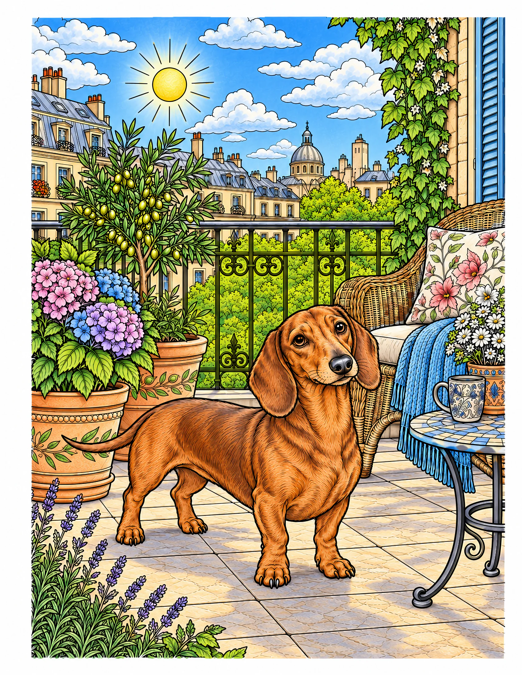 Dachshund on a sunny apartment balcony color reference for Level 2 · Advanced