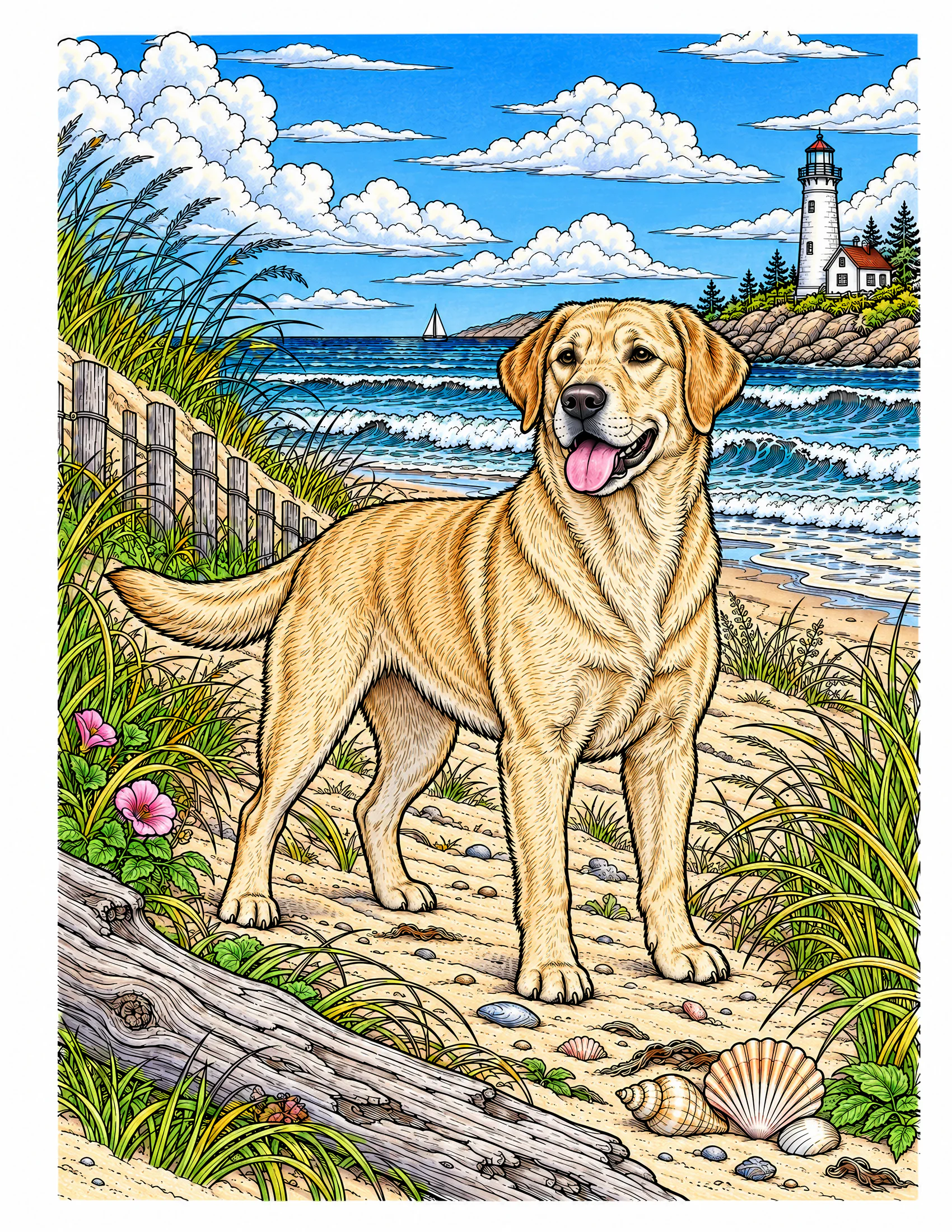 Labrador Retriever among beach dunes color reference for Level 2 · Advanced