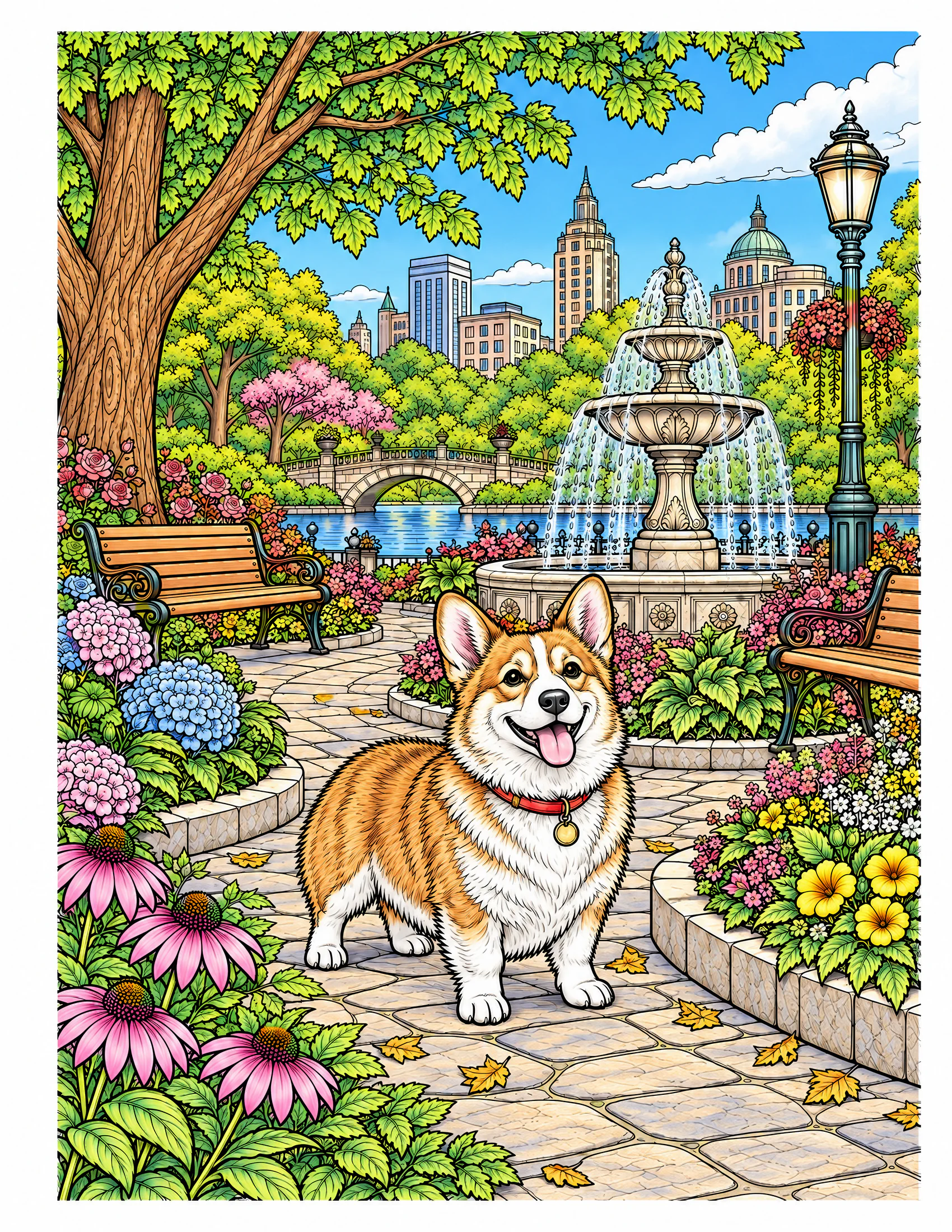 Pembroke Welsh Corgi in a city park color reference for Level 2 · Advanced