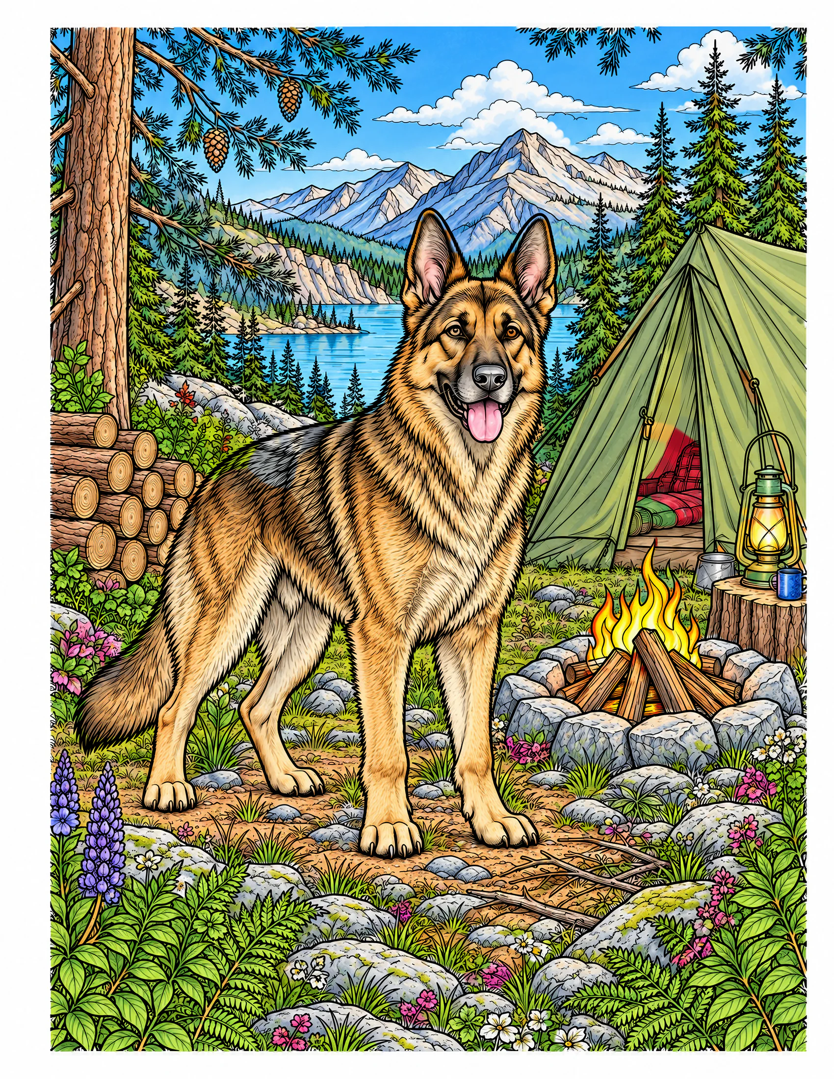German Shepherd at a forest campsite color reference for Level 2 · Advanced