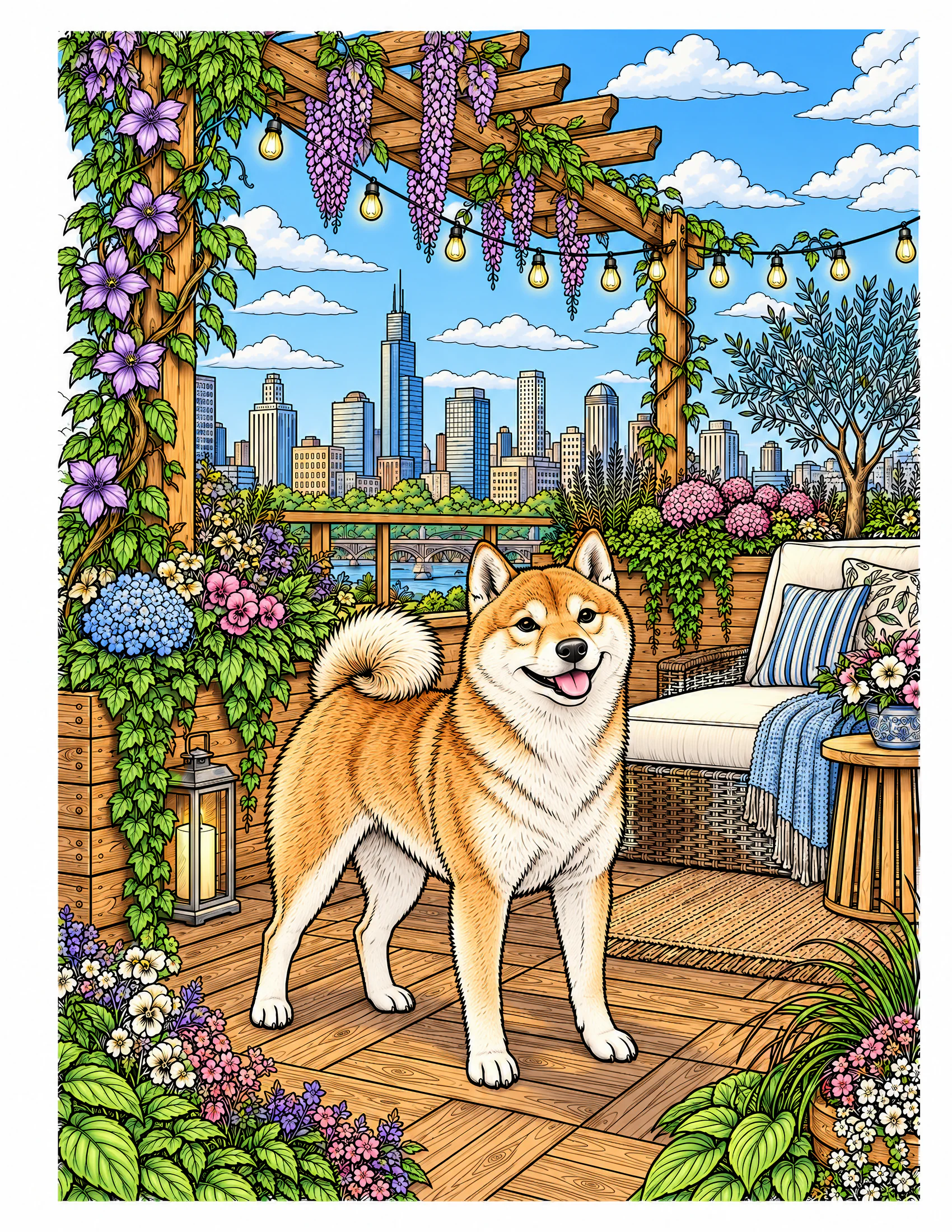 Shiba Inu on a rooftop terrace color reference for Level 2 · Advanced