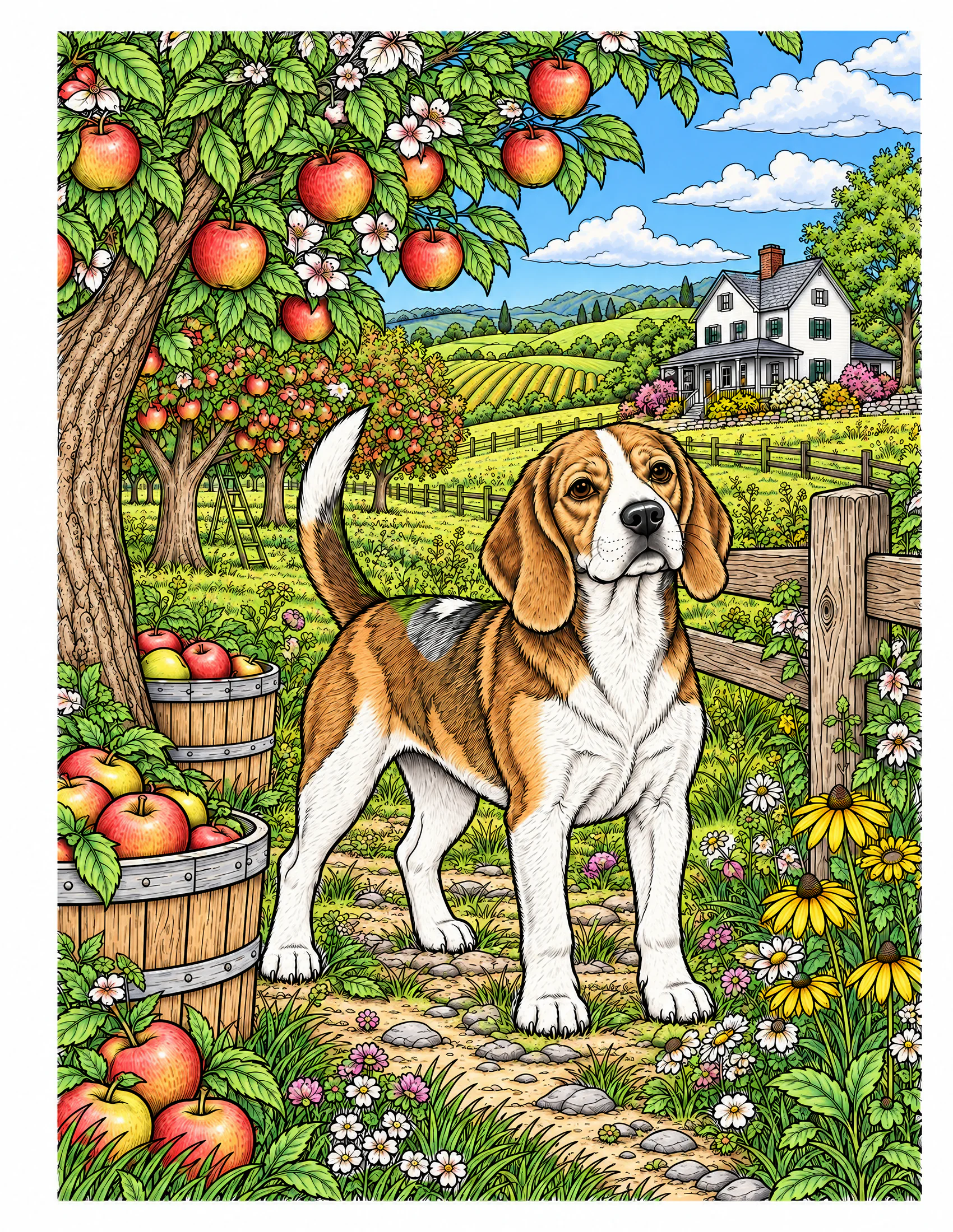 Beagle in a farmhouse orchard color reference for Level 2 · Advanced