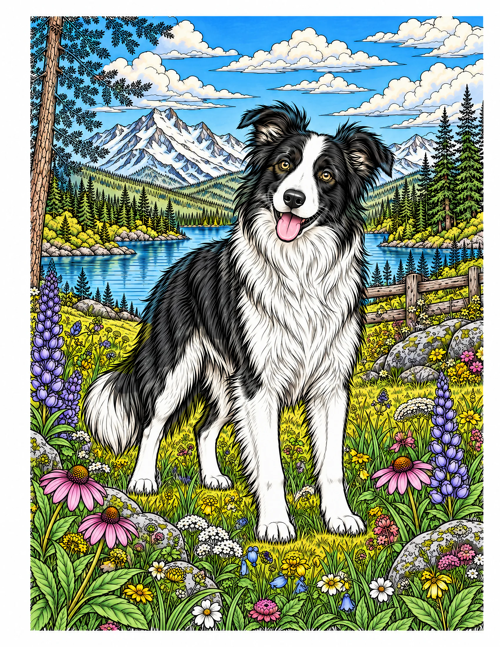 Border Collie in a wildflower meadow color reference for Level 2 · Advanced