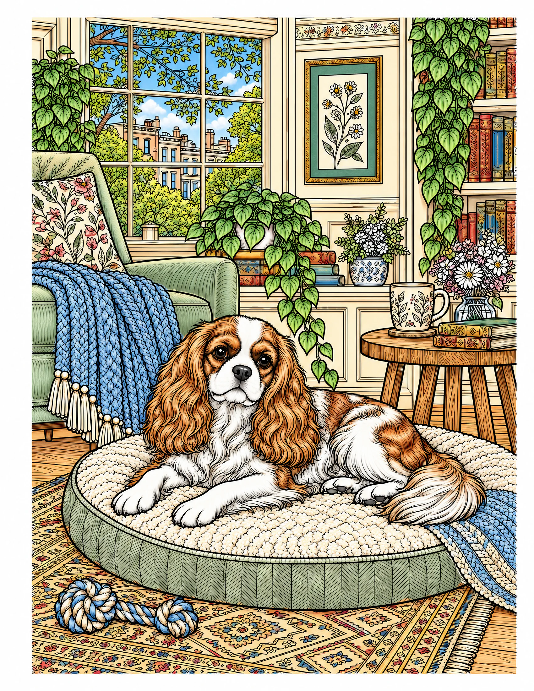 Cavalier King Charles Spaniel in an apartment reading nook color reference for Level 2 · Advanced