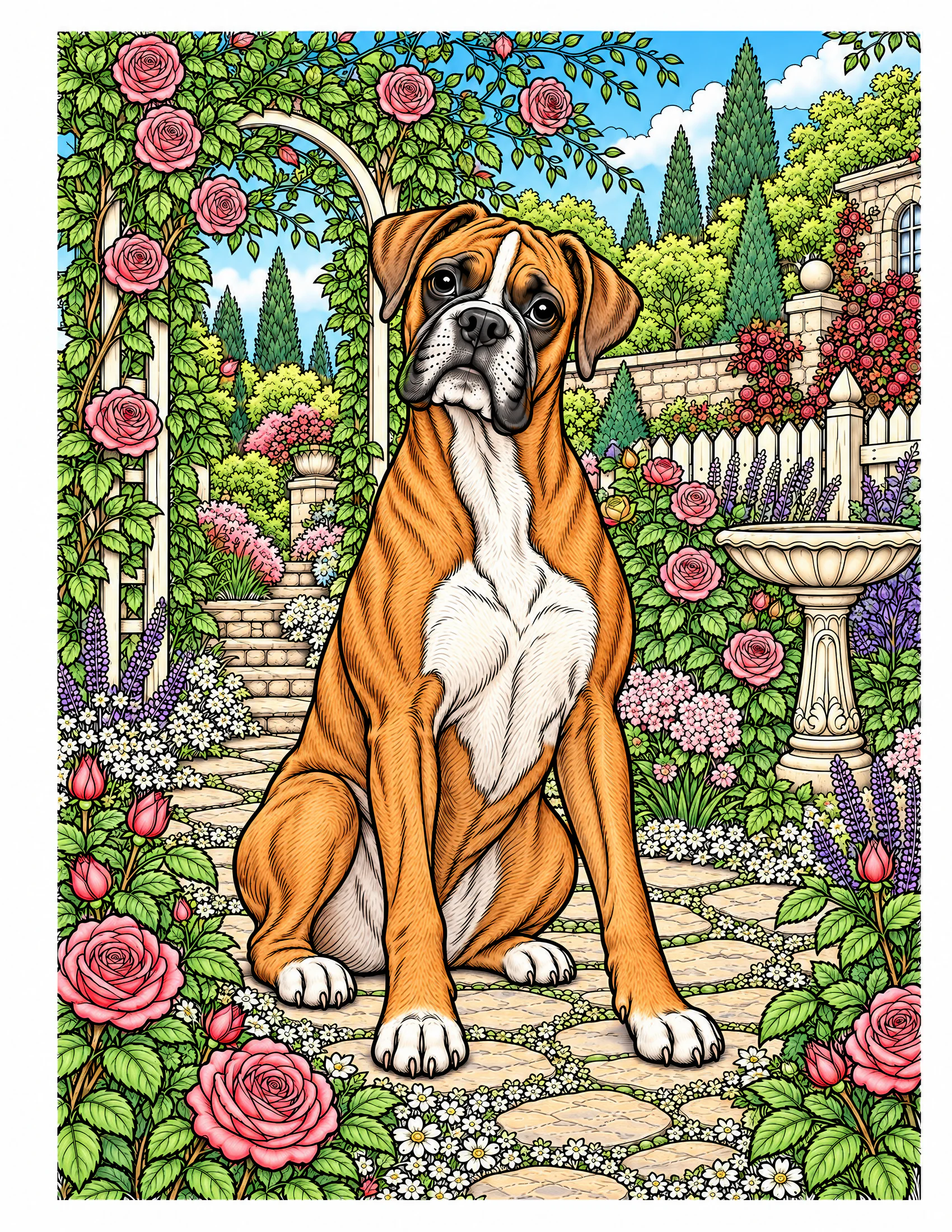 Boxer in a rose garden color reference for Level 2 · Advanced