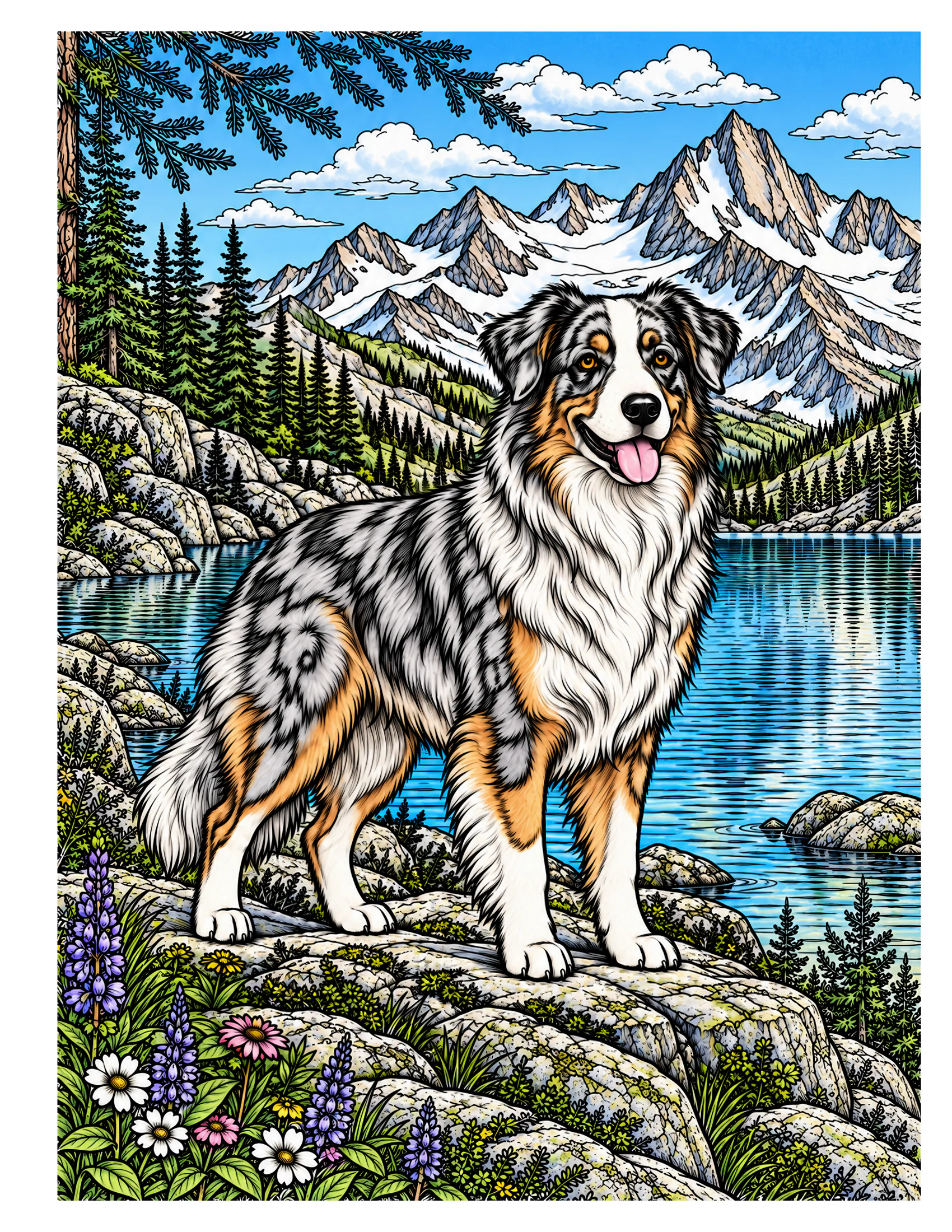 Australian Shepherd beside an alpine lake color reference for Level 2 · Advanced