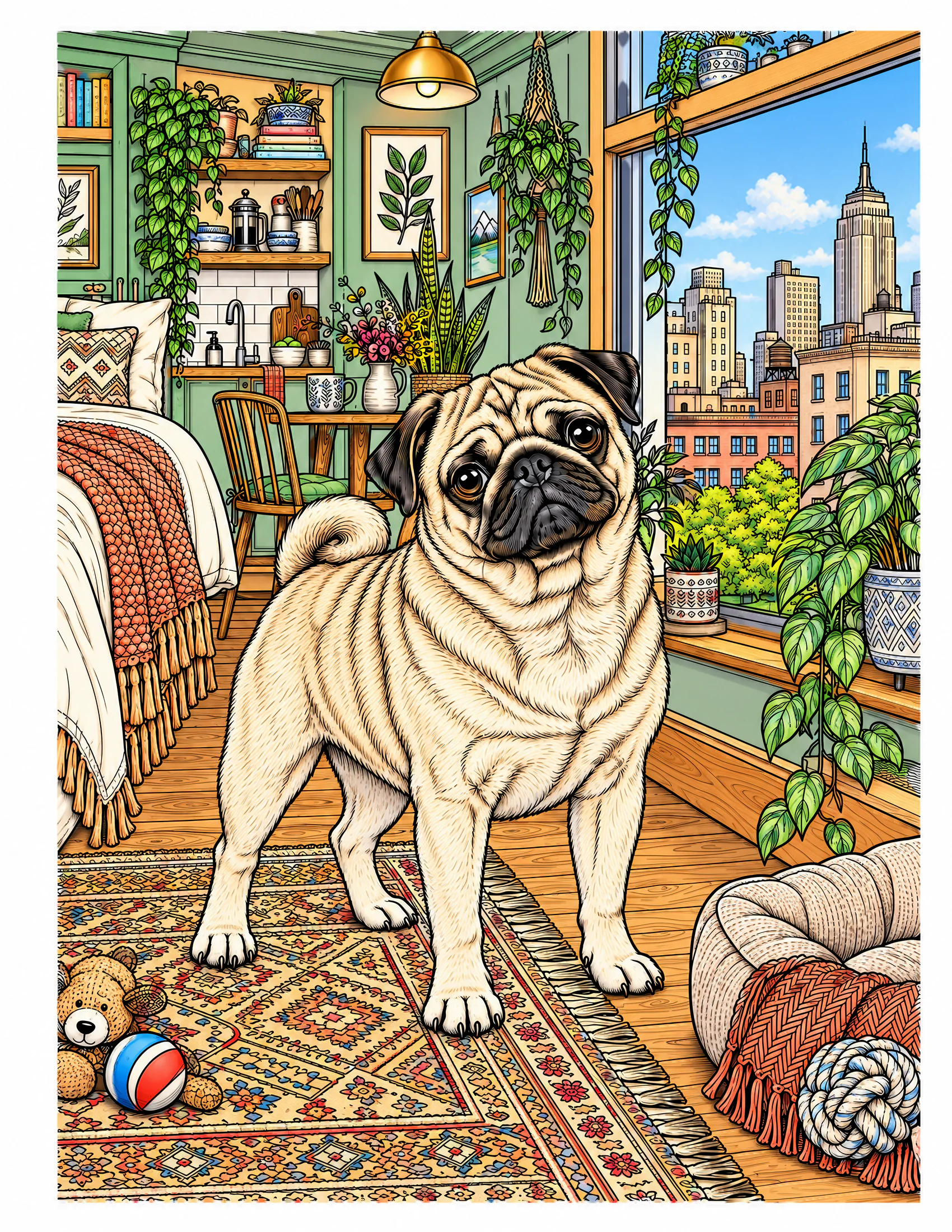 Pug beside a studio apartment window color reference for Level 2 · Advanced