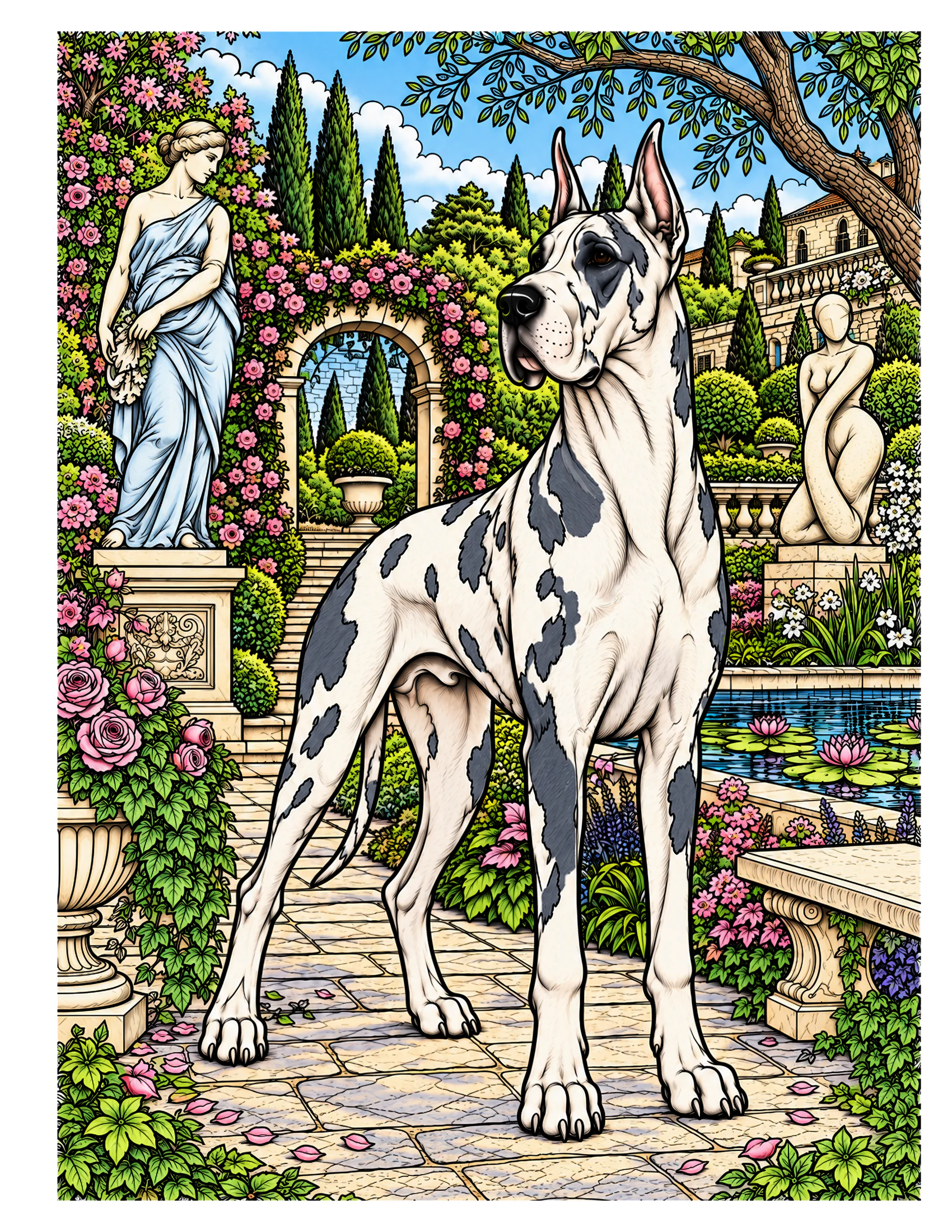 Great Dane in a sculpture garden color reference for Level 2 · Advanced