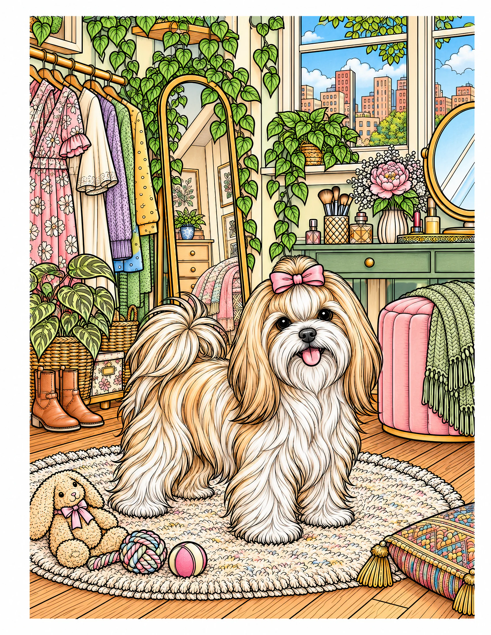 Maltese in an apartment dressing corner color reference for Level 2 · Advanced