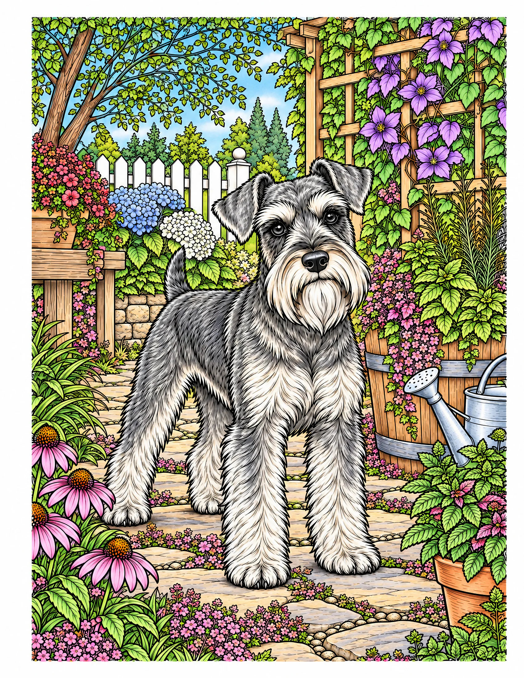 Miniature Schnauzer in an herb garden color reference for Level 2 · Advanced