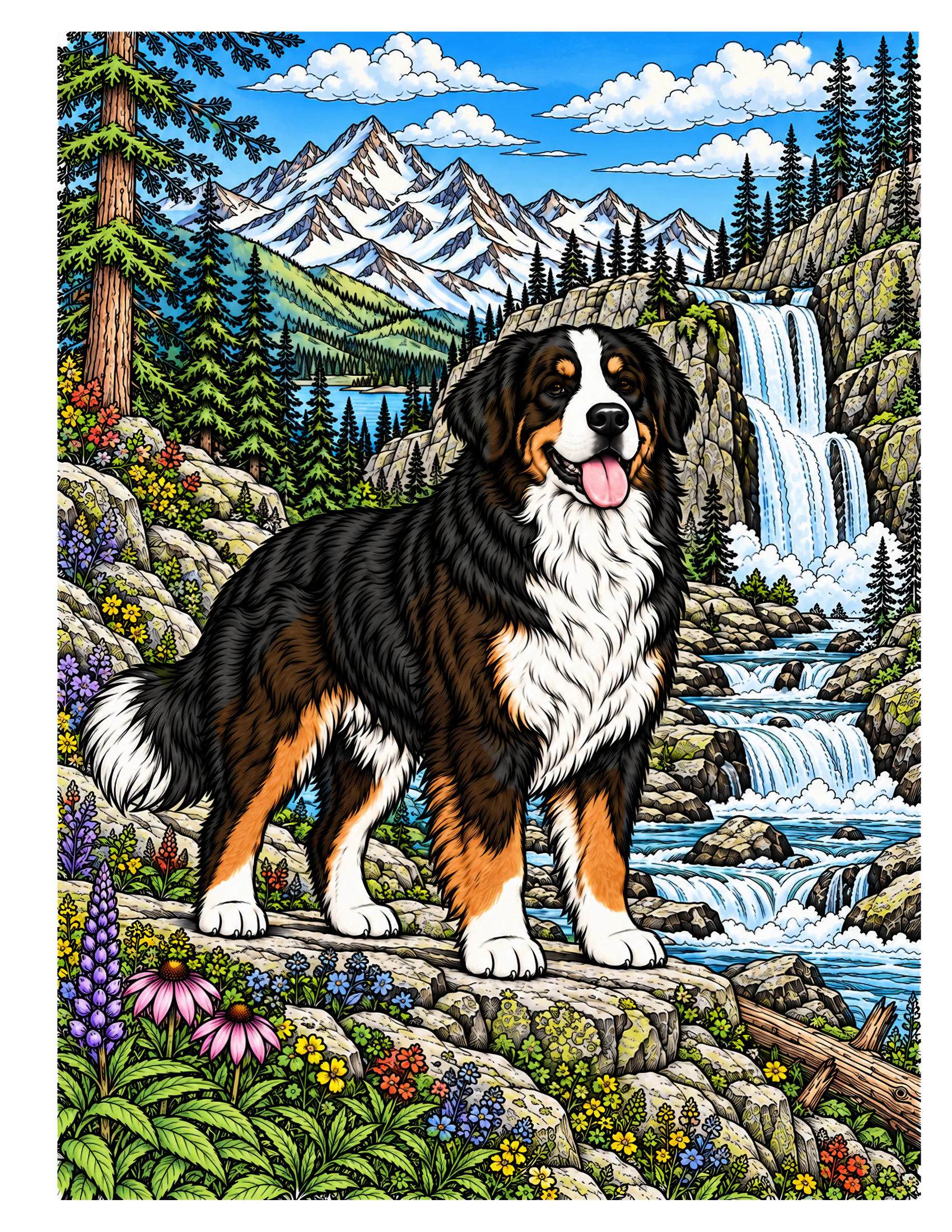 Bernese Mountain Dog in a waterfall valley color reference for Level 2 · Advanced