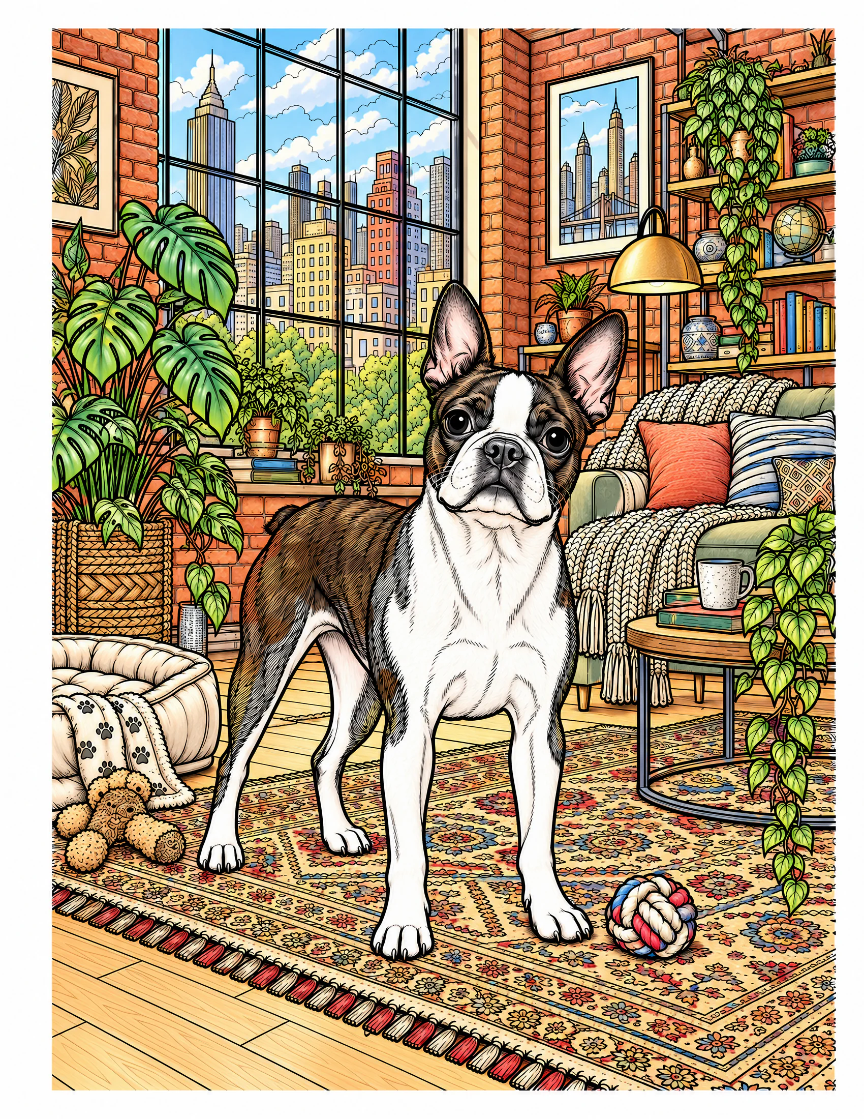 Boston Terrier in a loft apartment color reference for Level 2 · Advanced