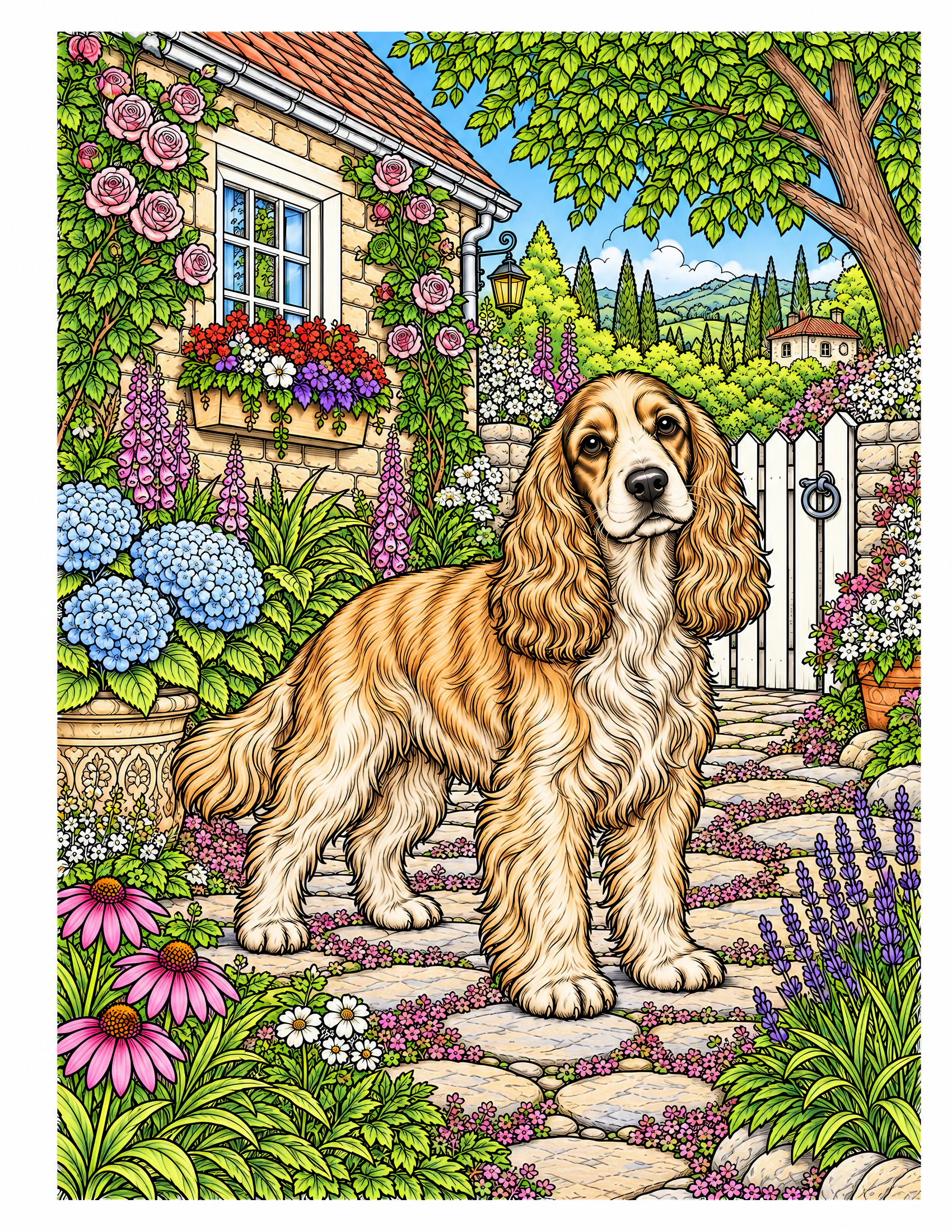 English Cocker Spaniel in a cottage garden color reference for Level 2 · Advanced