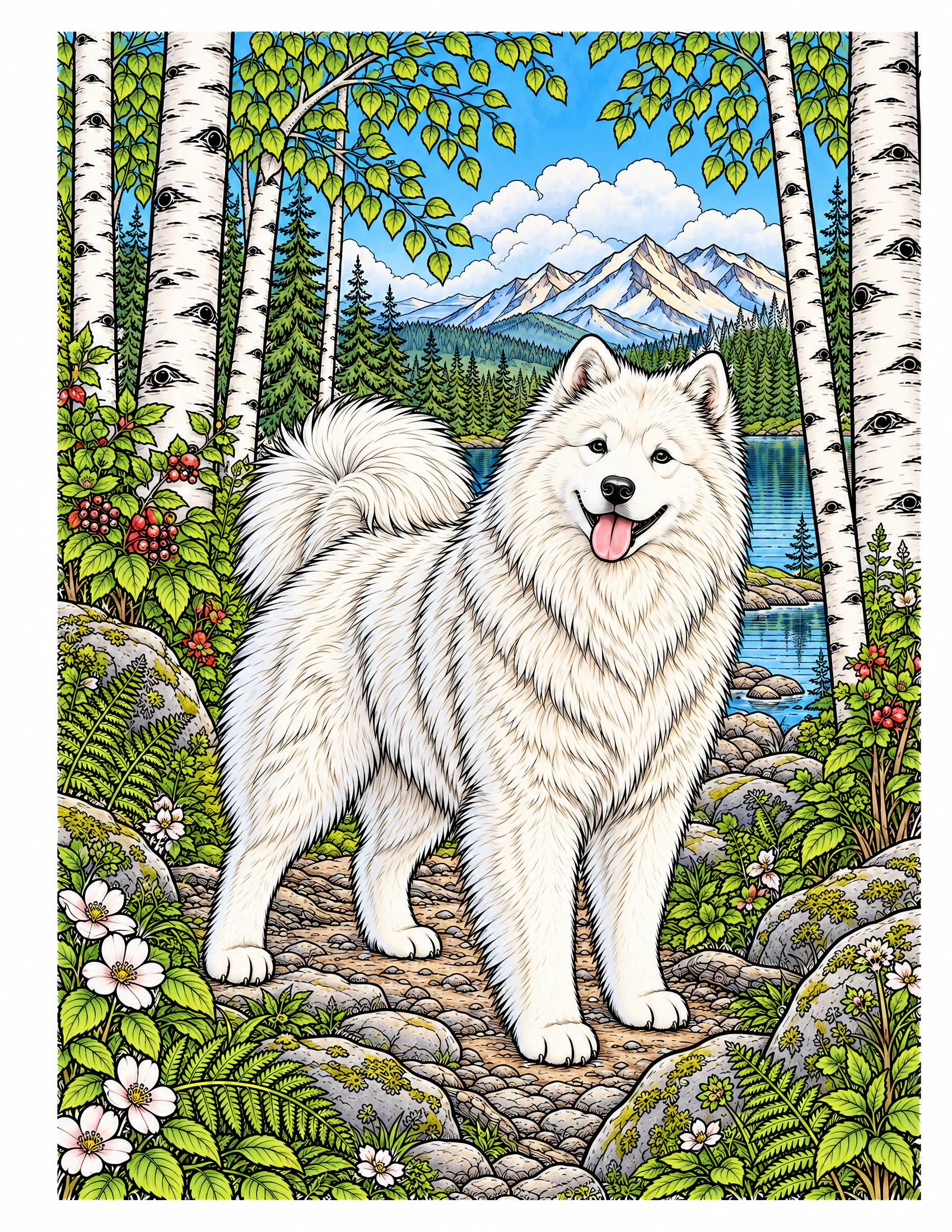 Samoyed in a birch forest color reference for Level 2 · Advanced