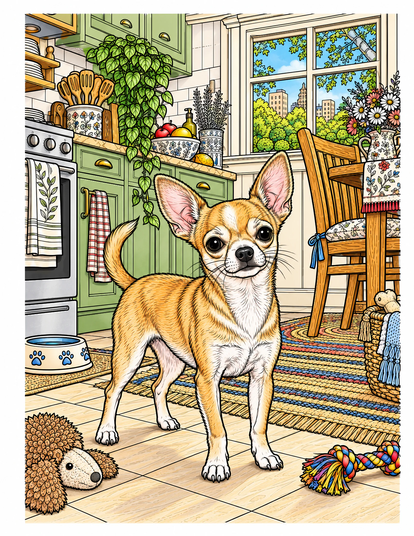 Chihuahua in a sunny apartment kitchen color reference for Level 2 · Advanced