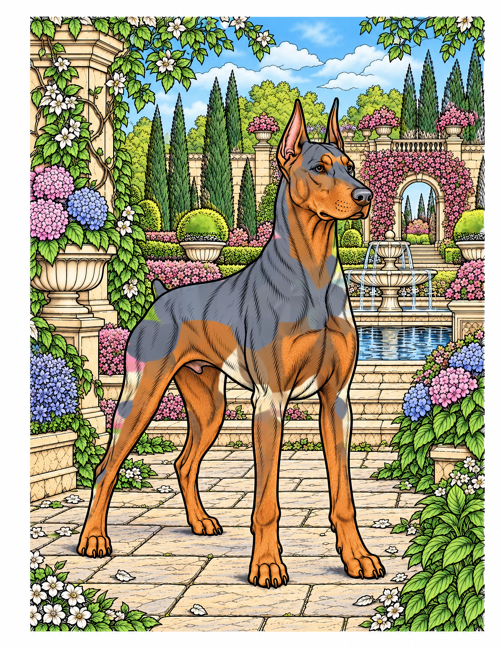 Doberman Pinscher in a geometric garden color reference for Level 2 · Advanced