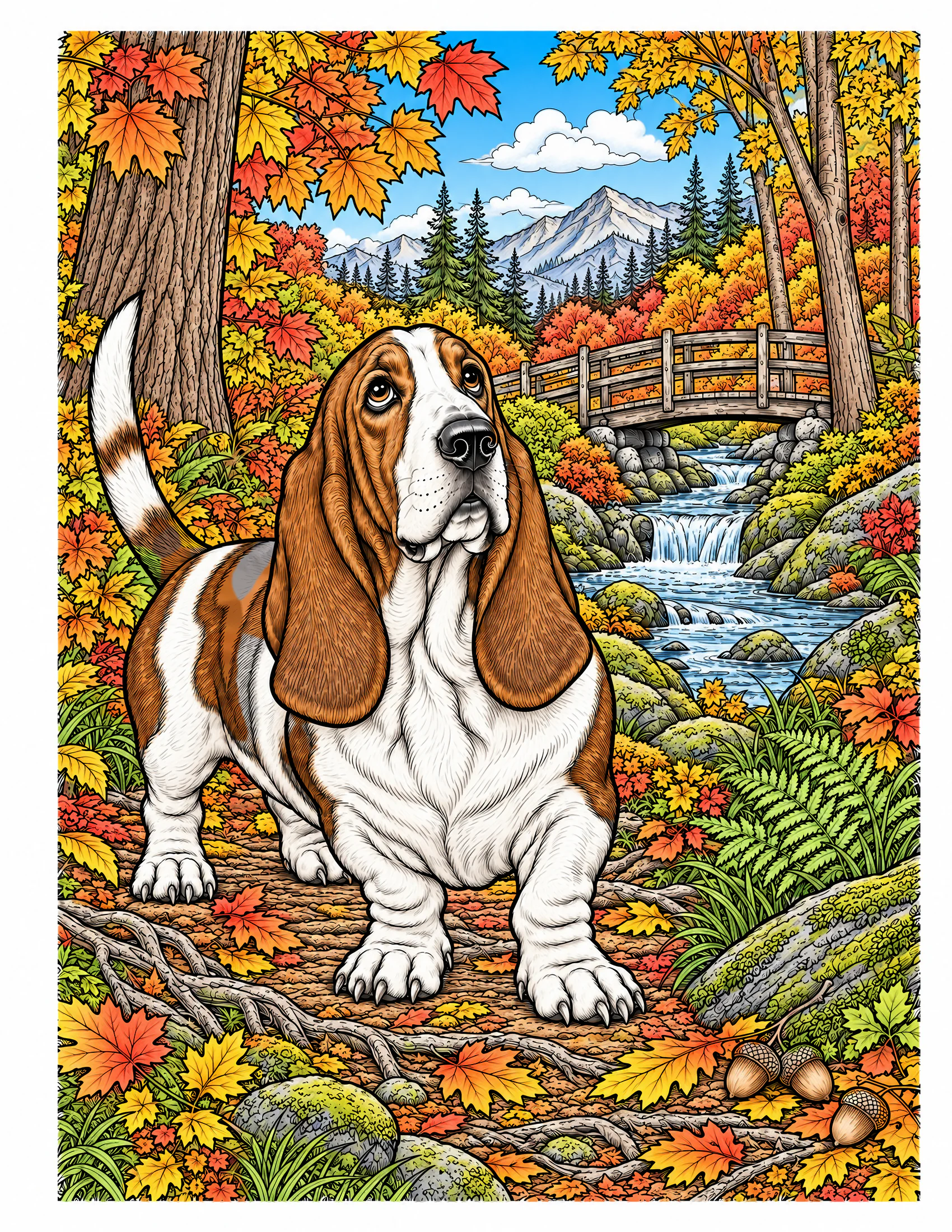 Basset Hound in an autumn woodland color reference for Level 2 · Advanced