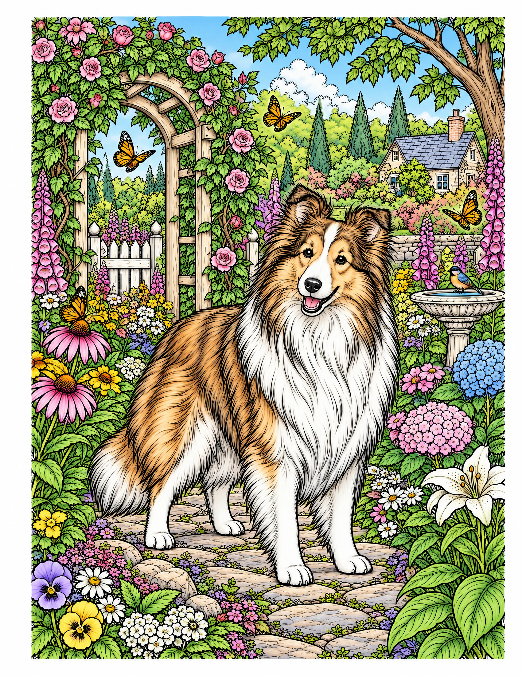 Shetland Sheepdog in a butterfly garden color reference for Level 2 · Advanced