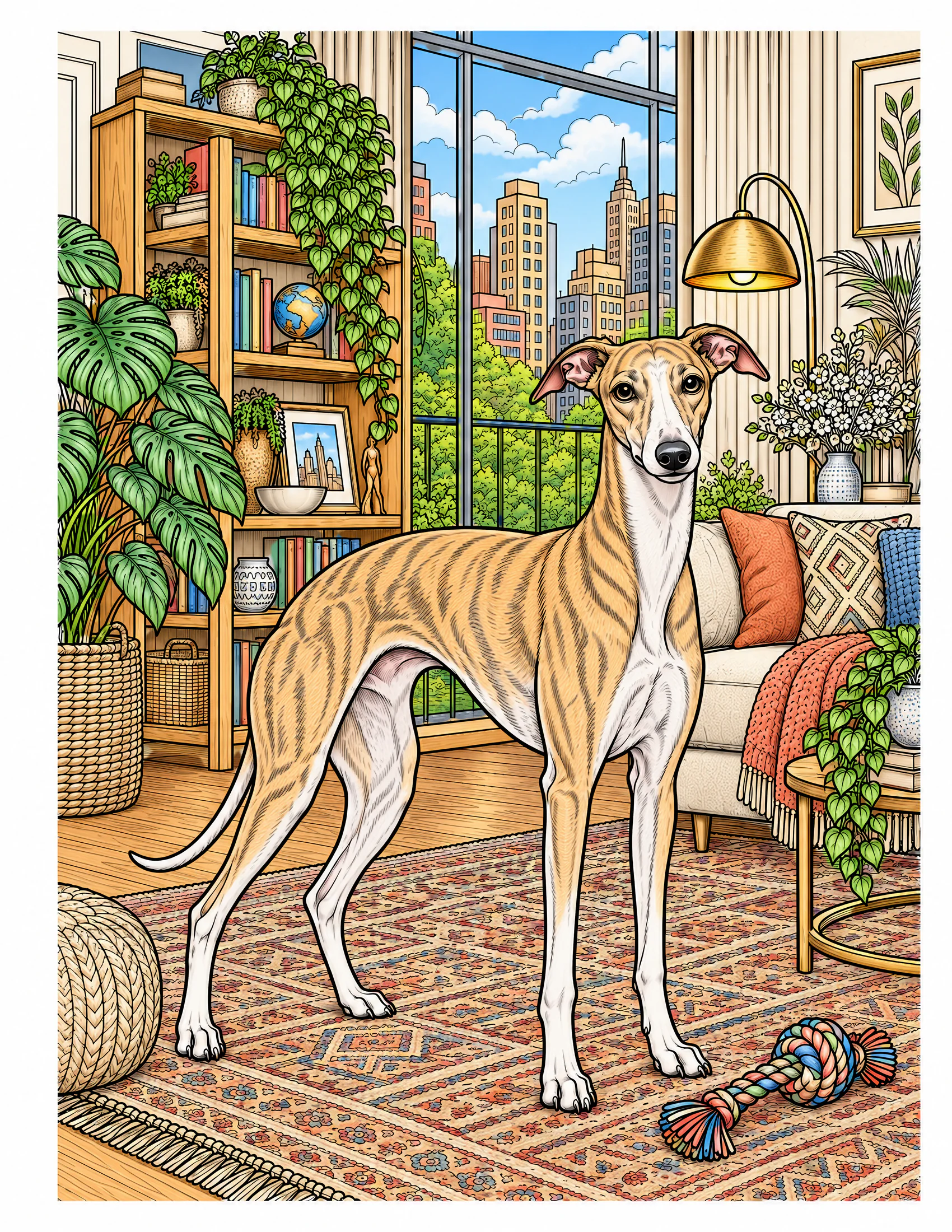 Whippet in a modern apartment color reference for Level 2 · Advanced