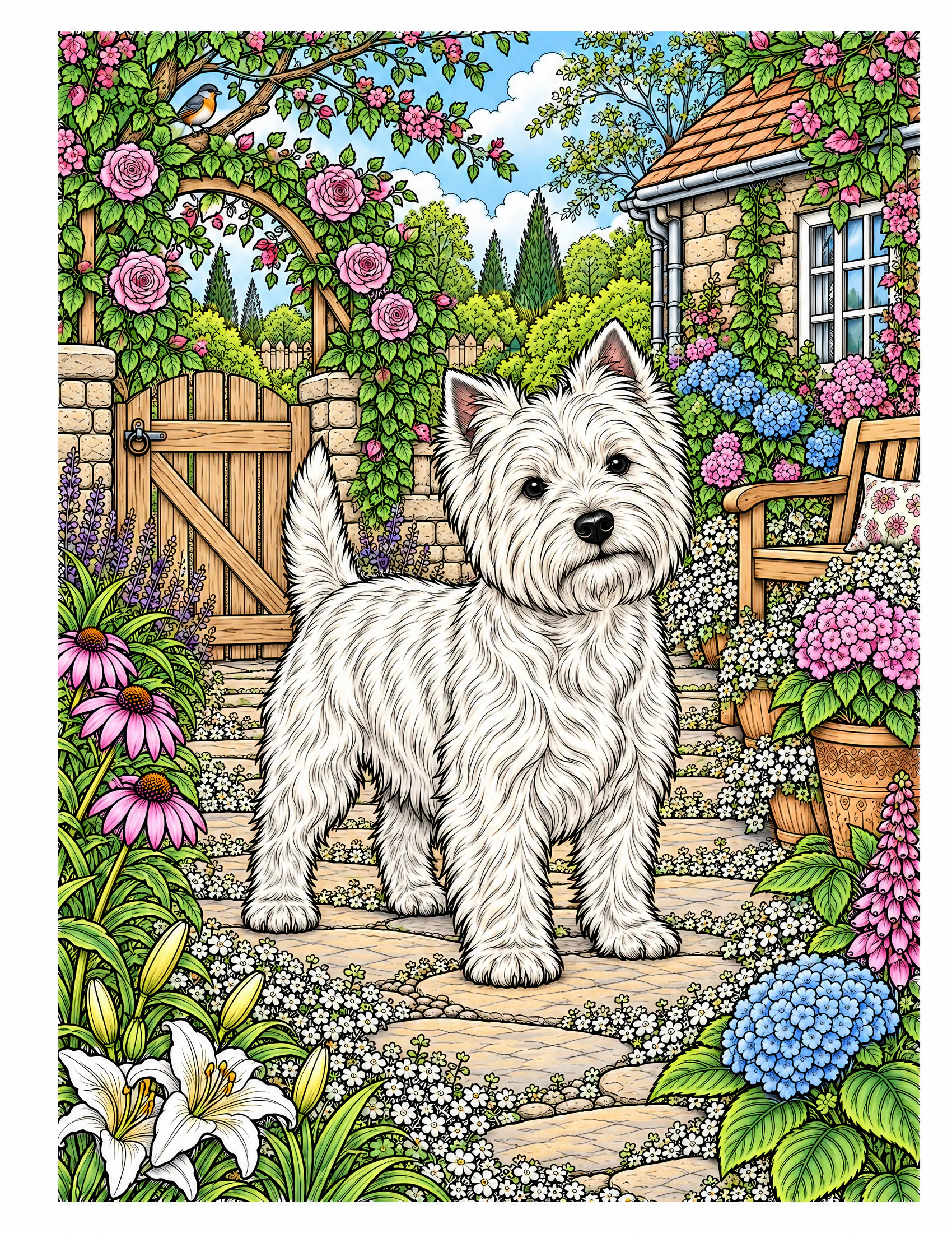 West Highland White Terrier on a garden path color reference for Level 2 · Advanced