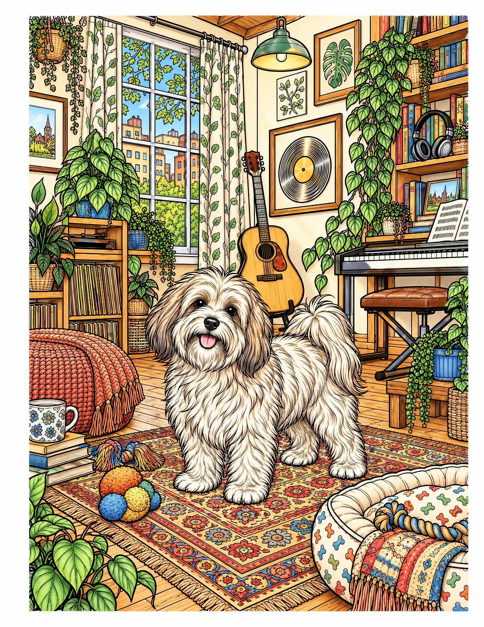 Havanese in an apartment music room color reference for Level 2 · Advanced
