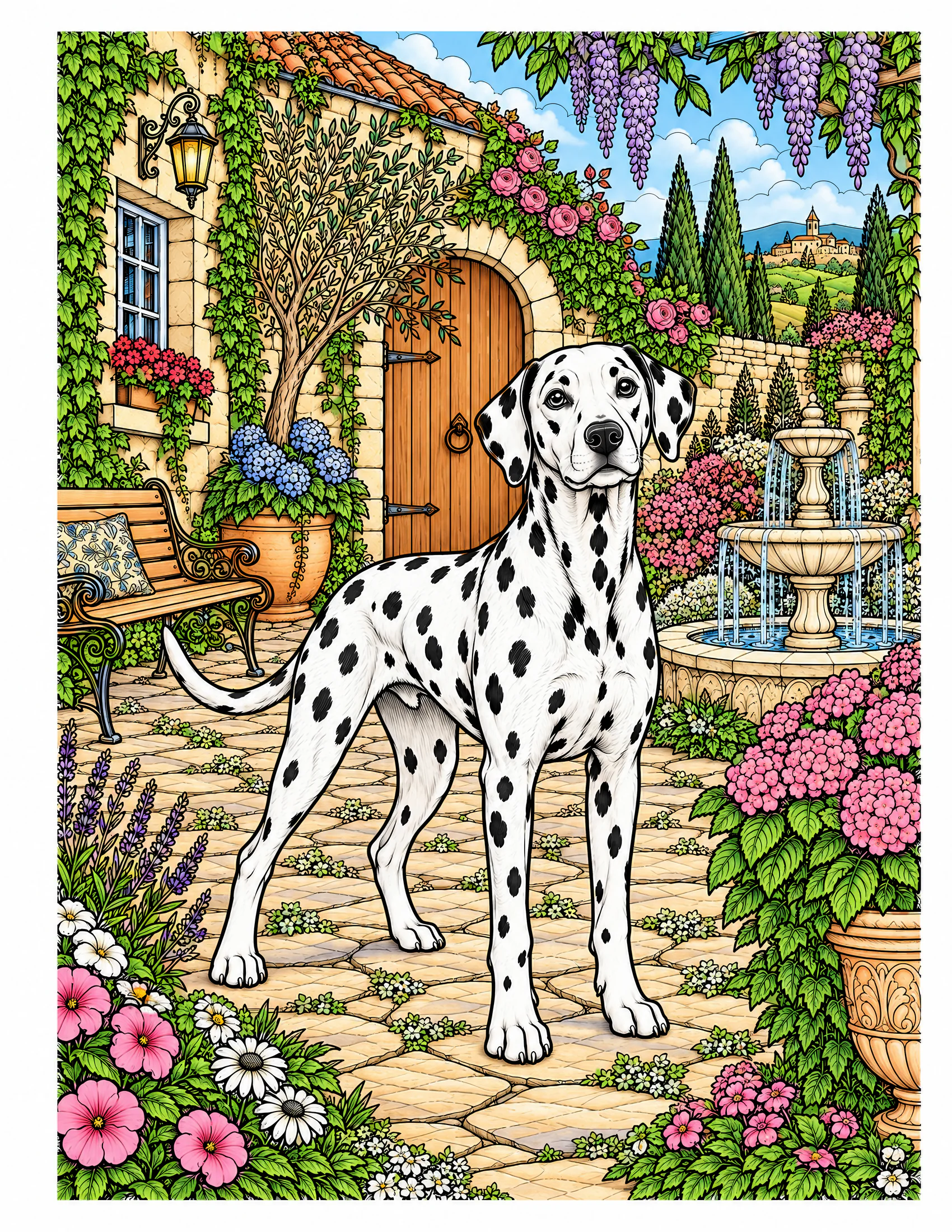 Dalmatian in a courtyard garden color reference for Level 2 · Advanced