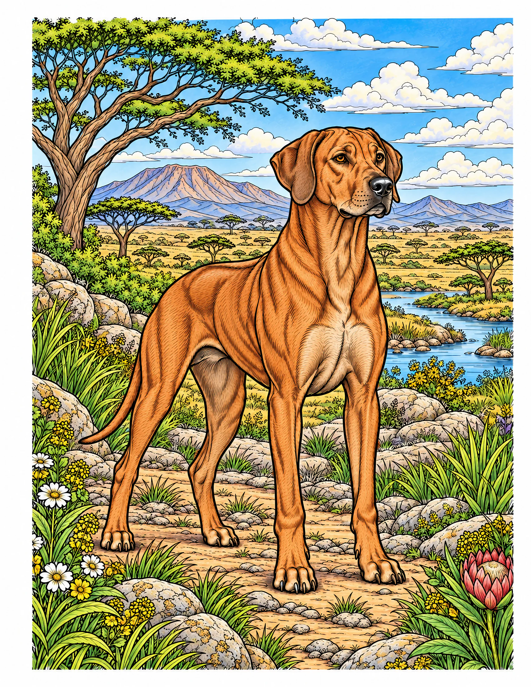 Rhodesian Ridgeback on a savanna trail color reference for Level 2 · Advanced