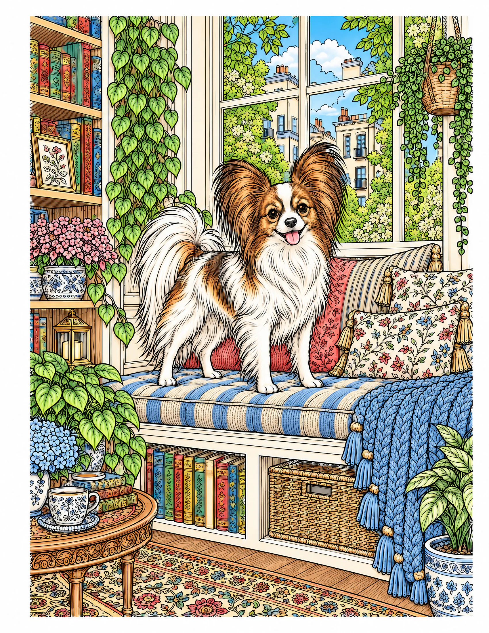 Papillon on an apartment reading bench color reference for Level 2 · Advanced