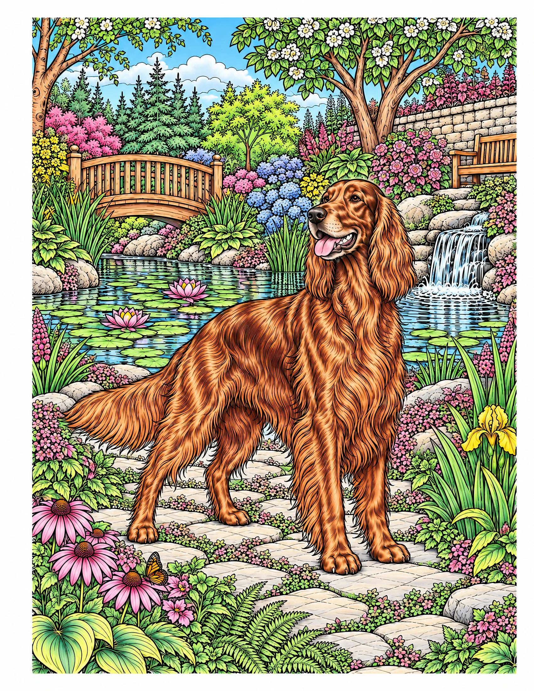 Irish Setter beside a landscaped garden pond color reference for Level 2 · Advanced