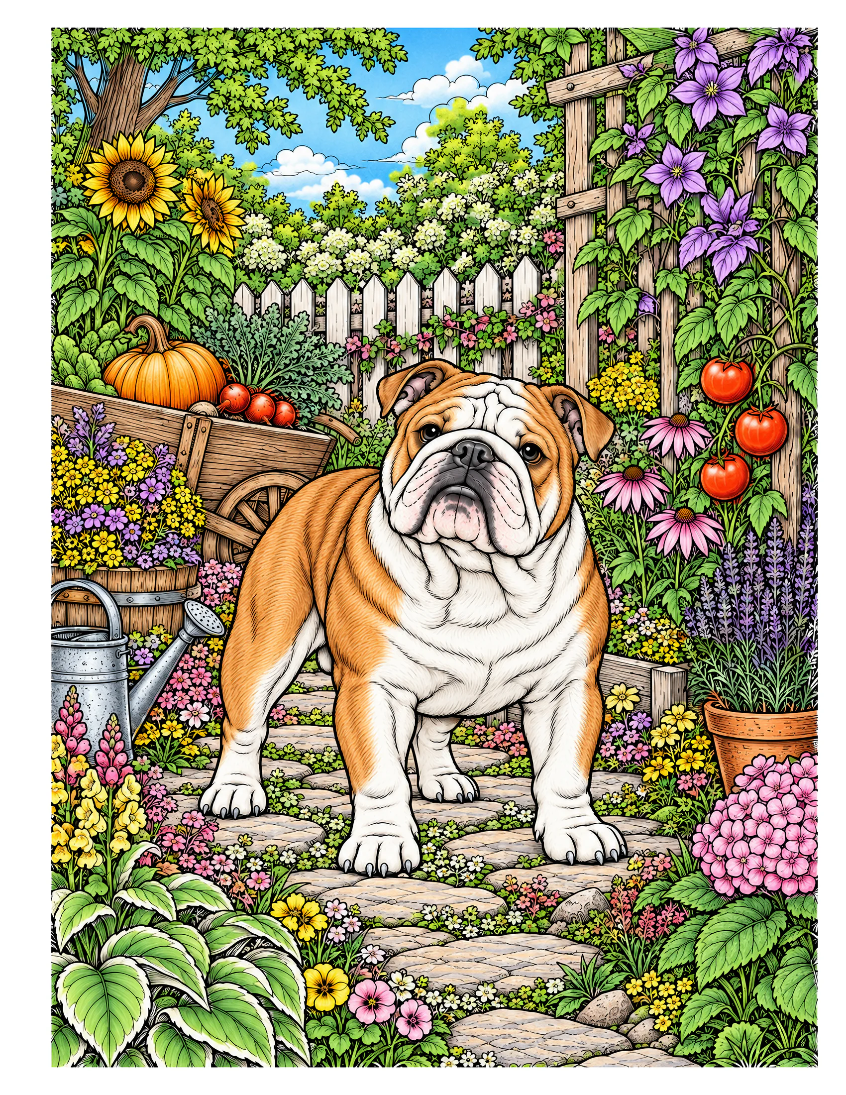 English Bulldog in a vegetable garden color reference for Level 2 · Advanced