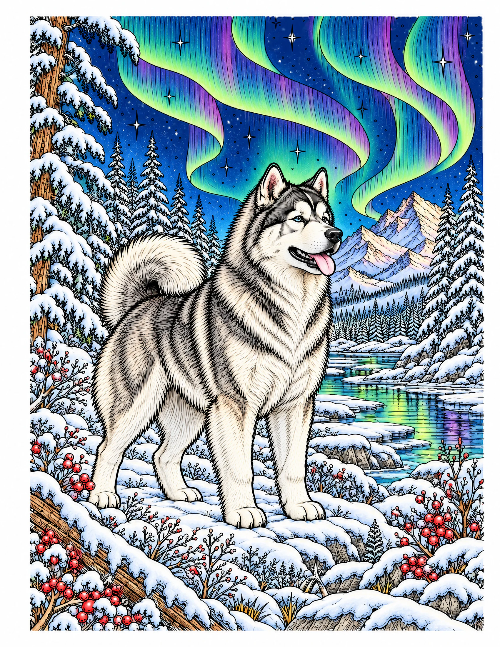 Alaskan Malamute beneath an aurora in a snowy forest color reference for Level 2 · Advanced