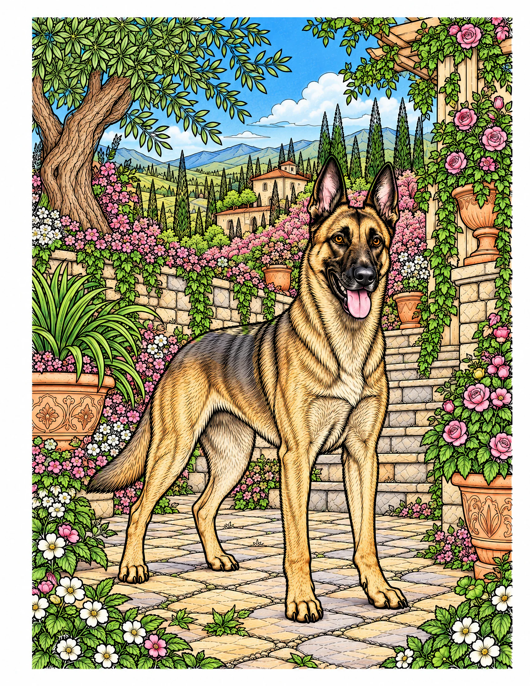 Belgian Malinois in a terraced stone garden color reference for Level 2 · Advanced