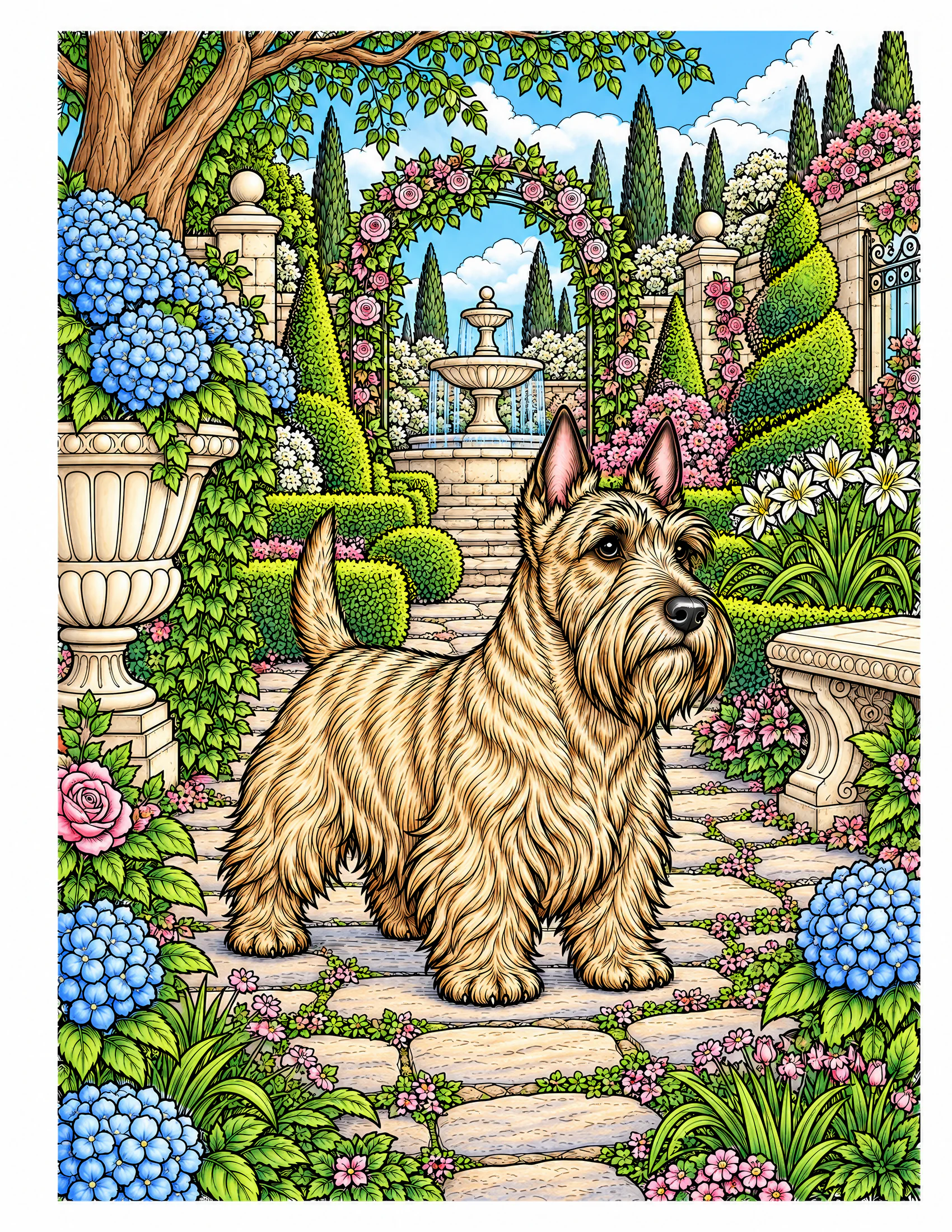 Scottish Terrier in a topiary garden color reference for Level 2 · Advanced