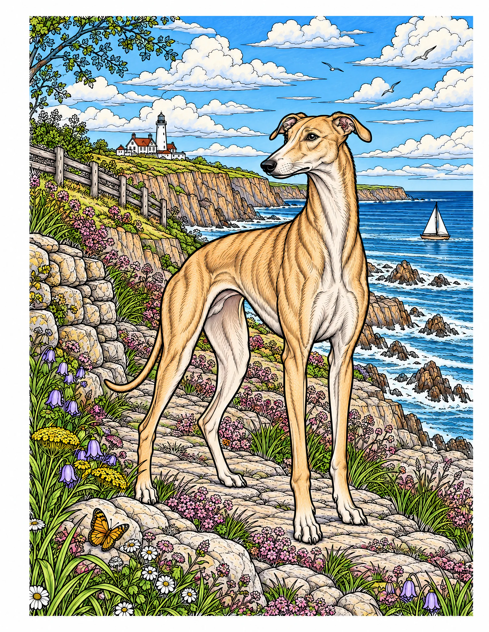 Greyhound on a coastal cliff path color reference for Level 2 · Advanced