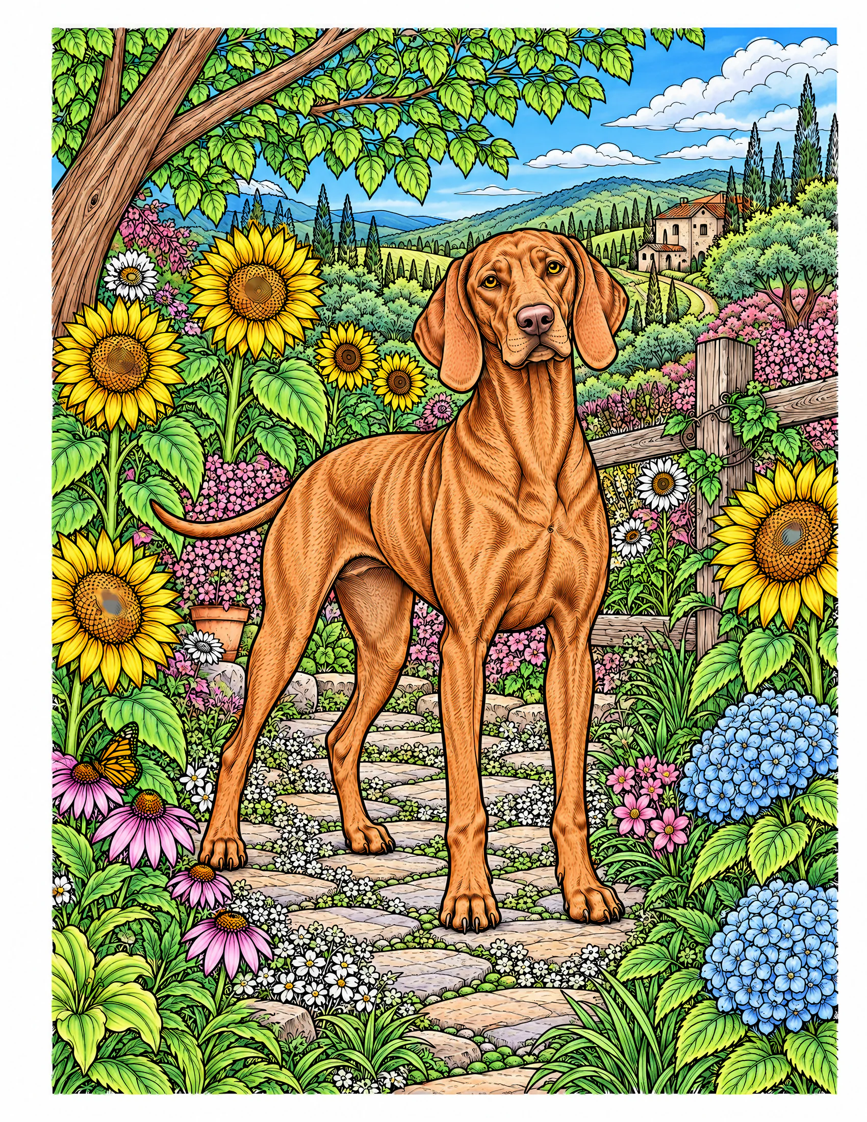 Vizsla in a sunflower garden color reference for Level 2 · Advanced