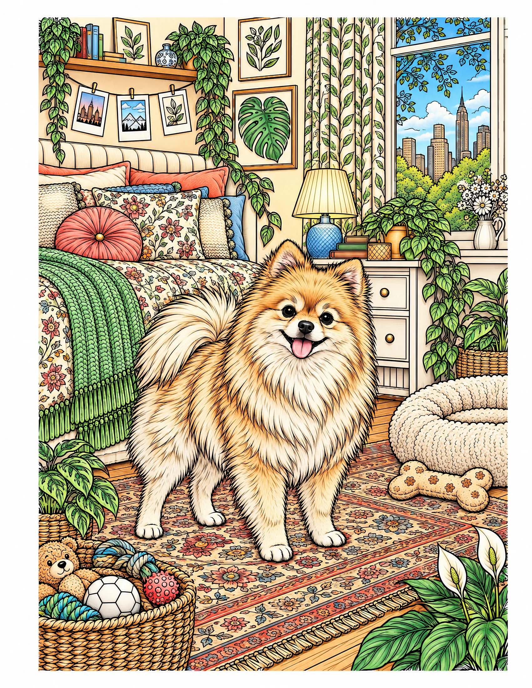 Pomeranian in an apartment bedroom color reference for Level 2 · Advanced