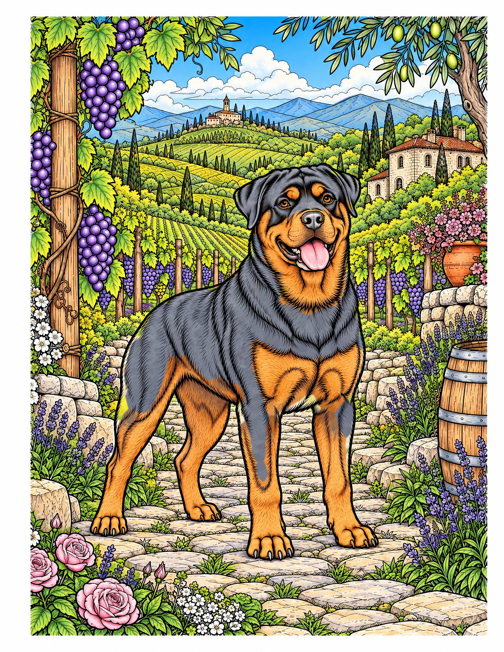 Rottweiler in a vineyard garden color reference for Level 2 · Advanced