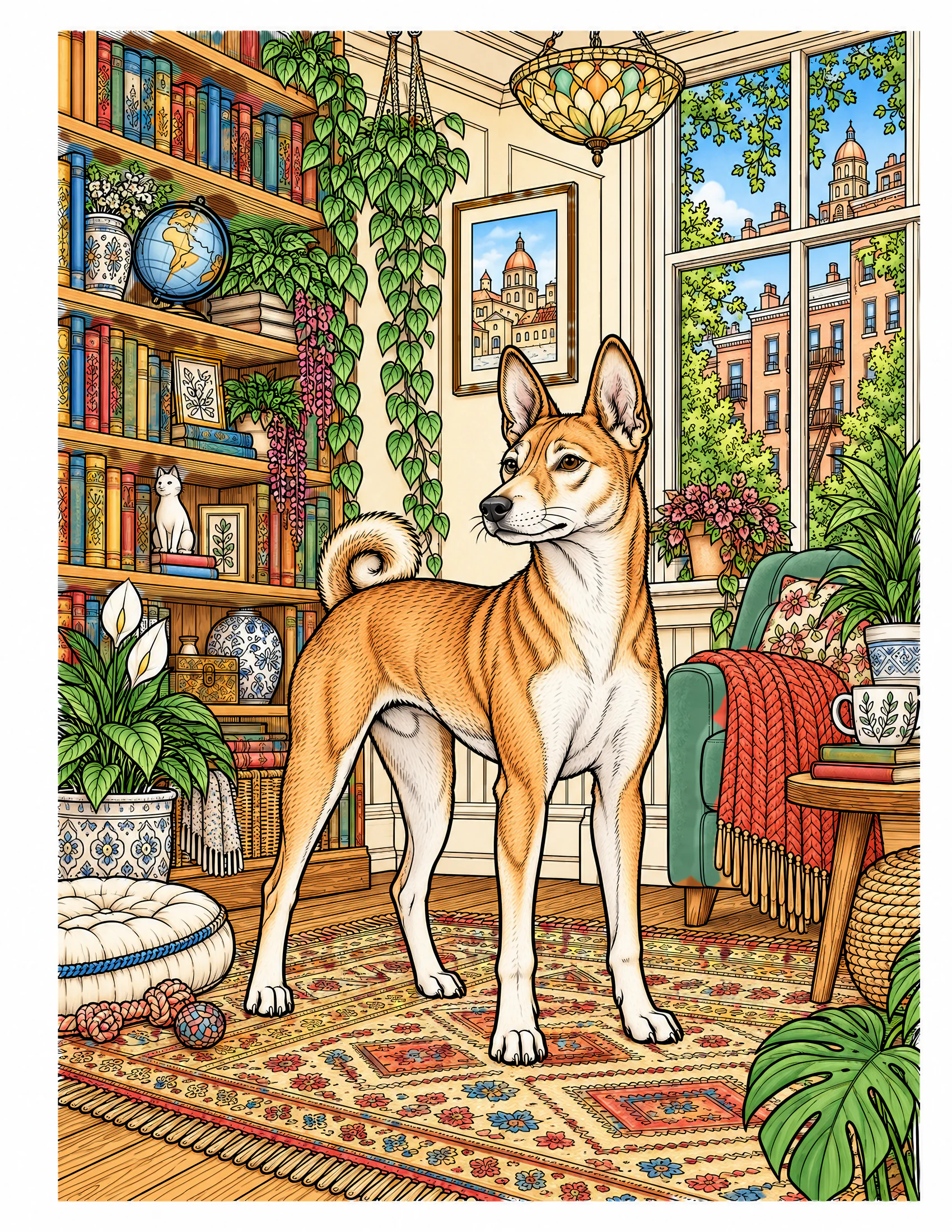Basenji in a compact apartment library color reference for Level 2 · Advanced