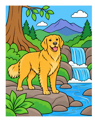 Golden Retriever beside a woodland stream color reference for Level 1 · Easy