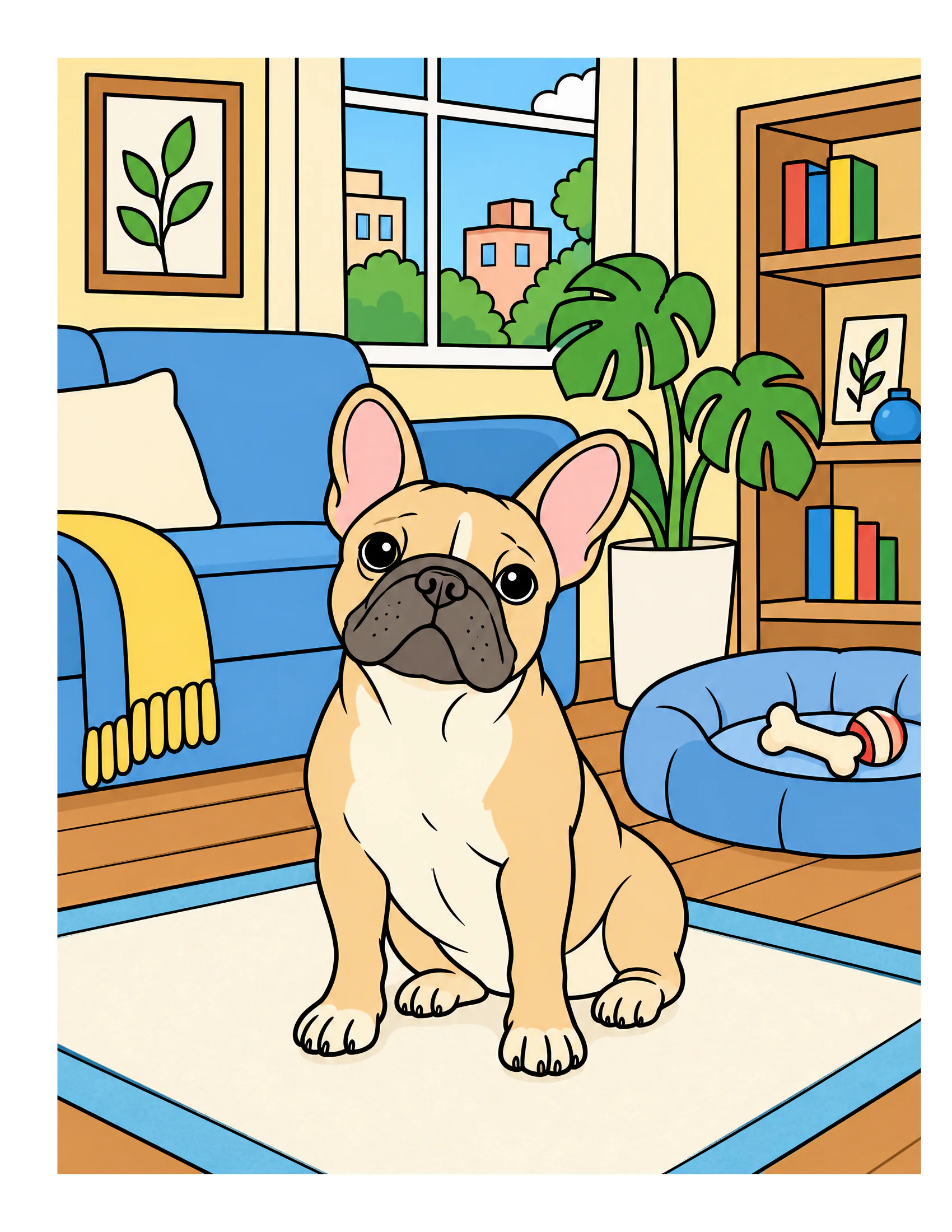 French Bulldog in a cozy apartment color reference for Level 1 · Easy