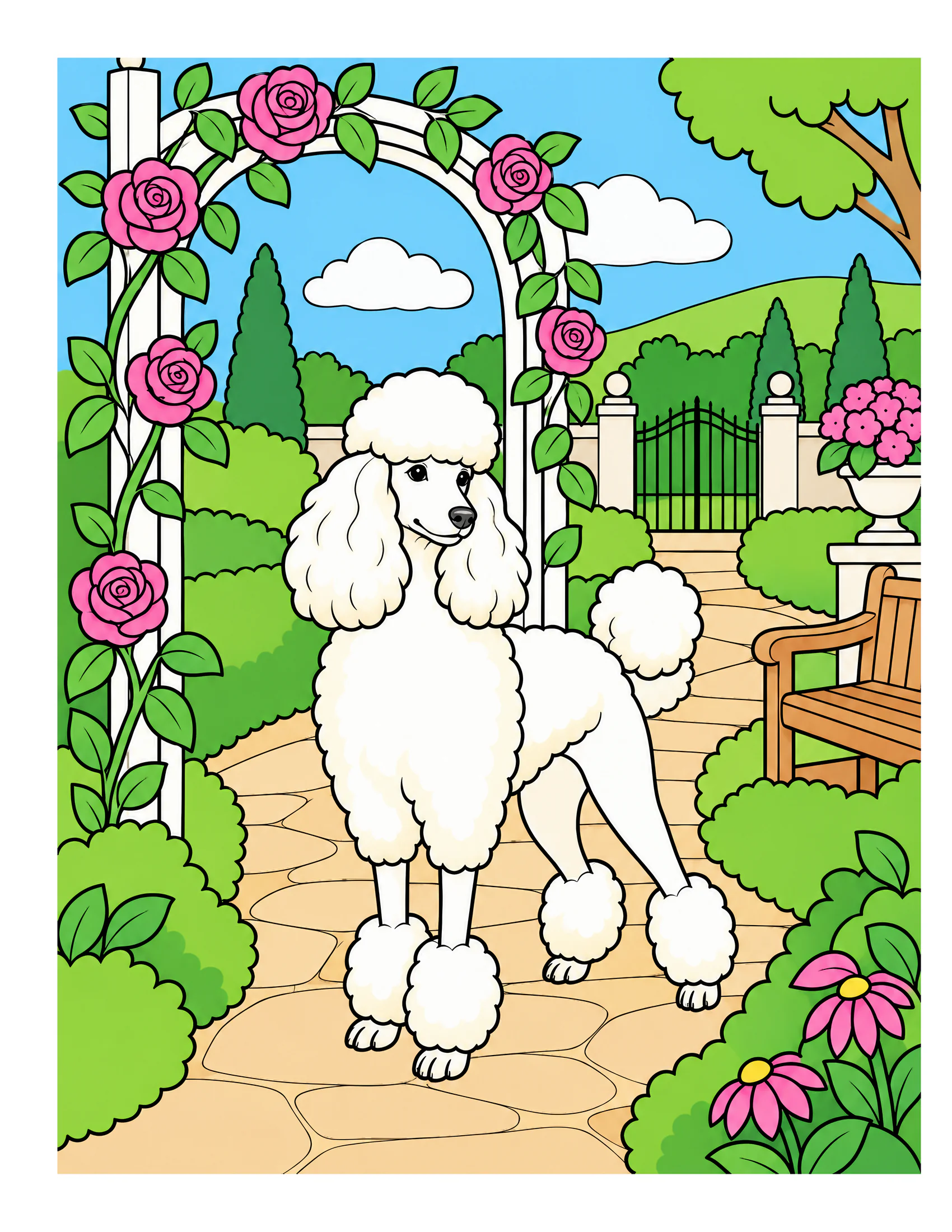 Standard Poodle in a formal garden color reference for Level 1 · Easy