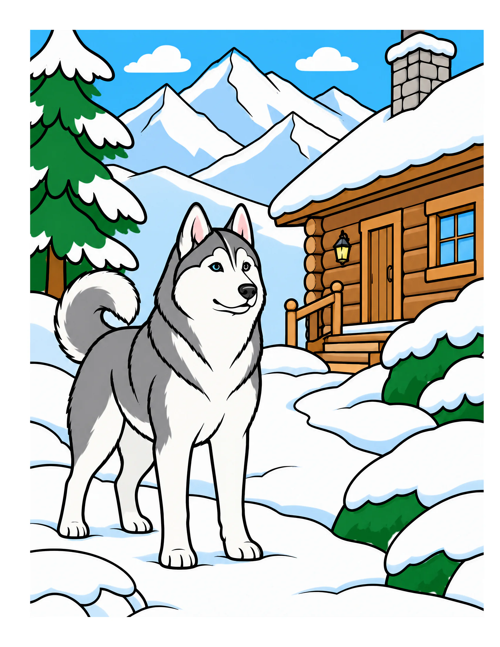 Siberian Husky near a snowy mountain cabin color reference for Level 1 · Easy