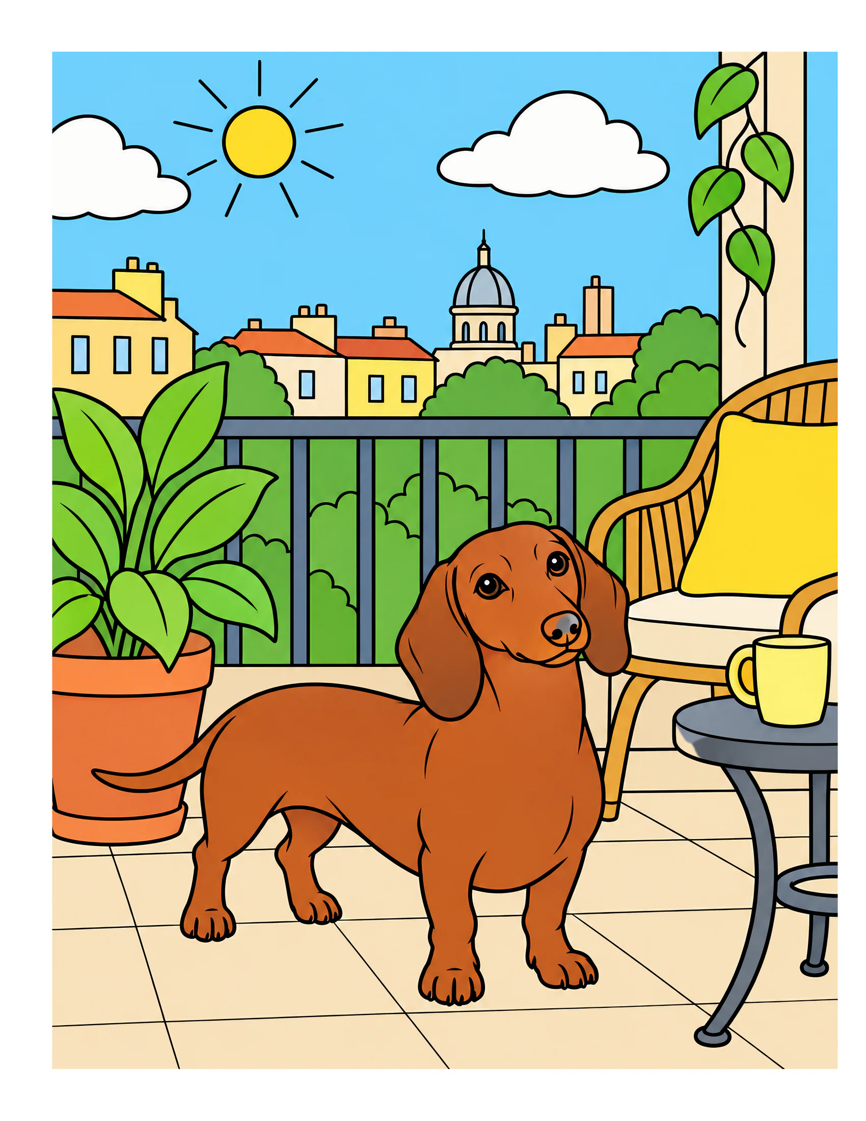 Dachshund on a sunny apartment balcony color reference for Level 1 · Easy