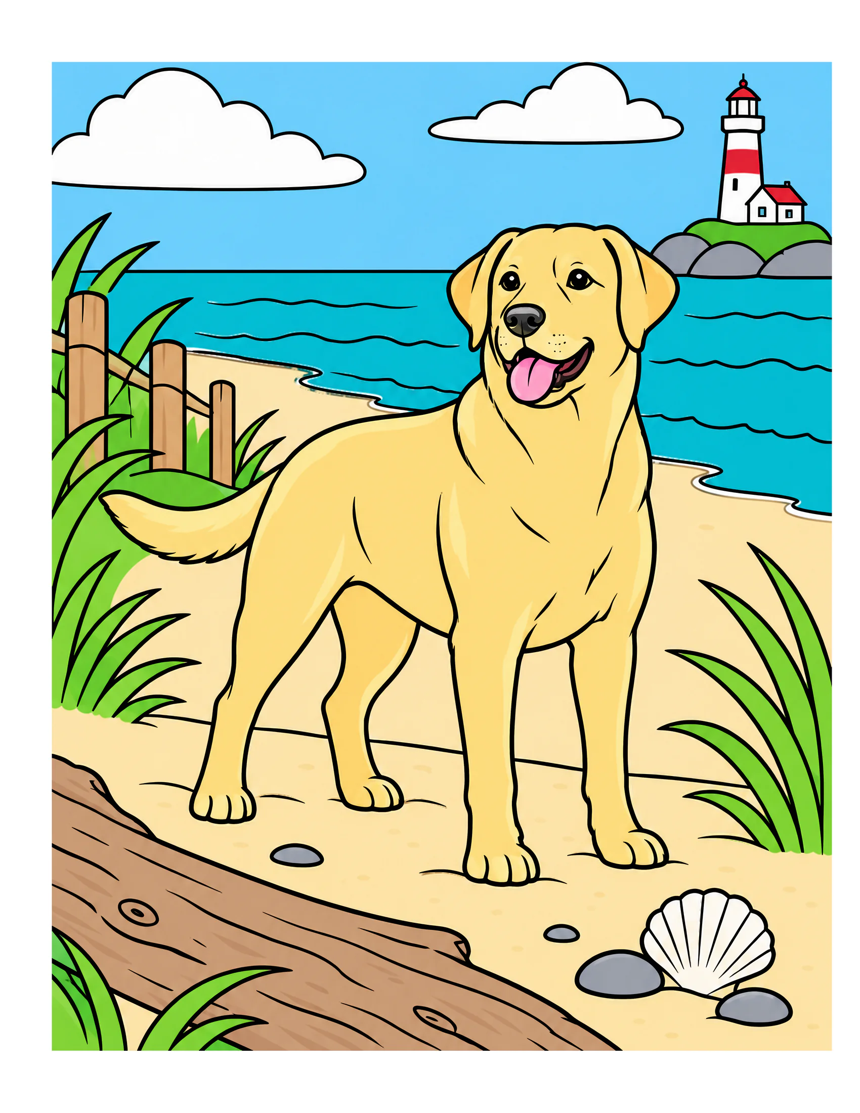Labrador Retriever among beach dunes color reference for Level 1 · Easy