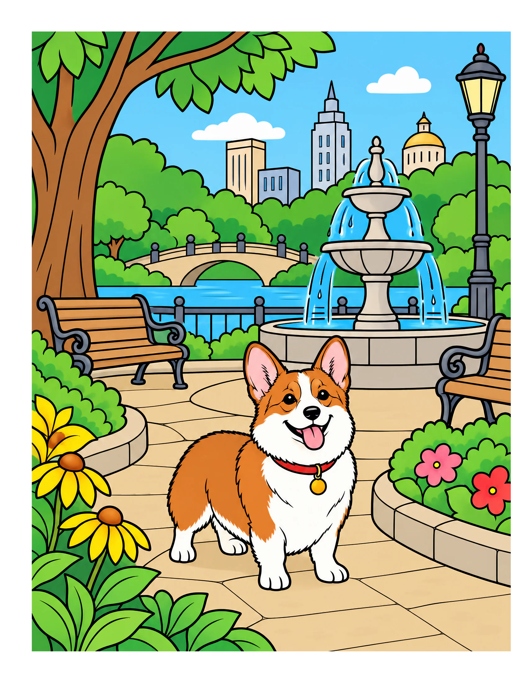 Pembroke Welsh Corgi in a city park color reference for Level 1 · Easy