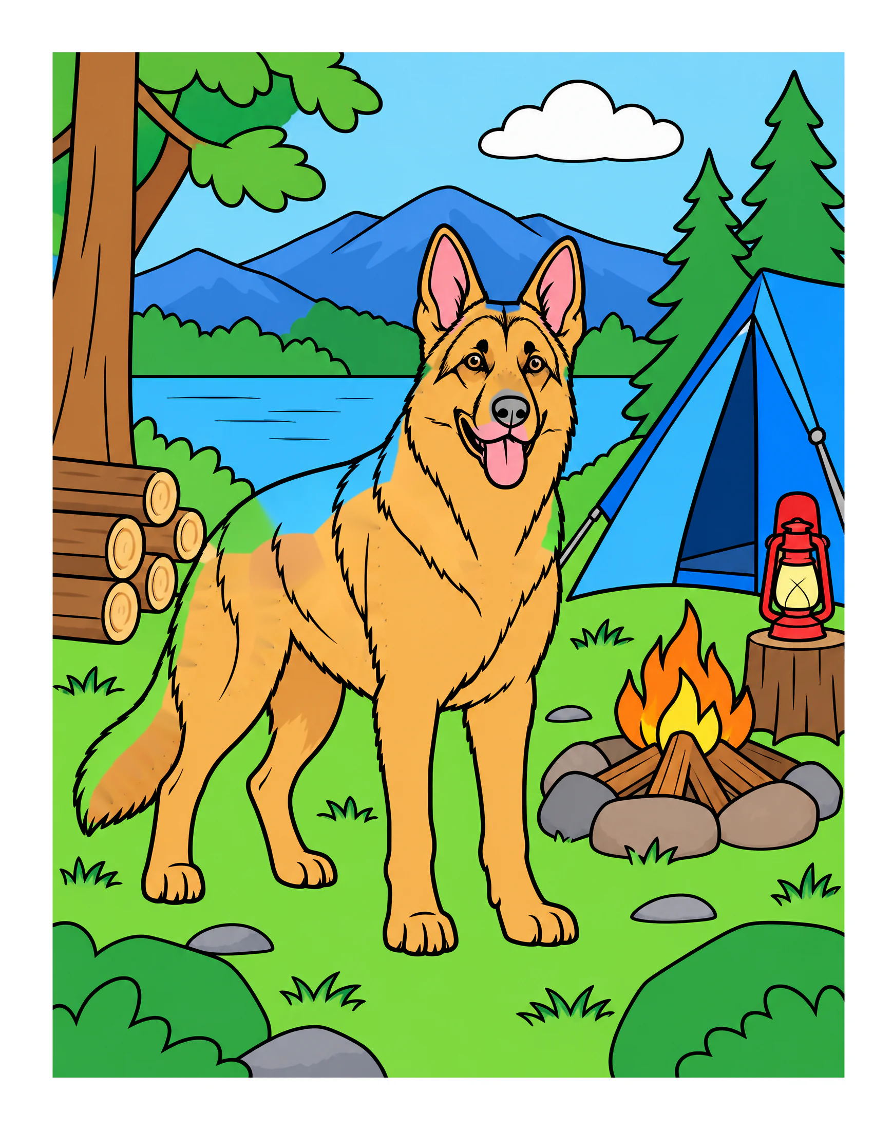German Shepherd at a forest campsite color reference for Level 1 · Easy