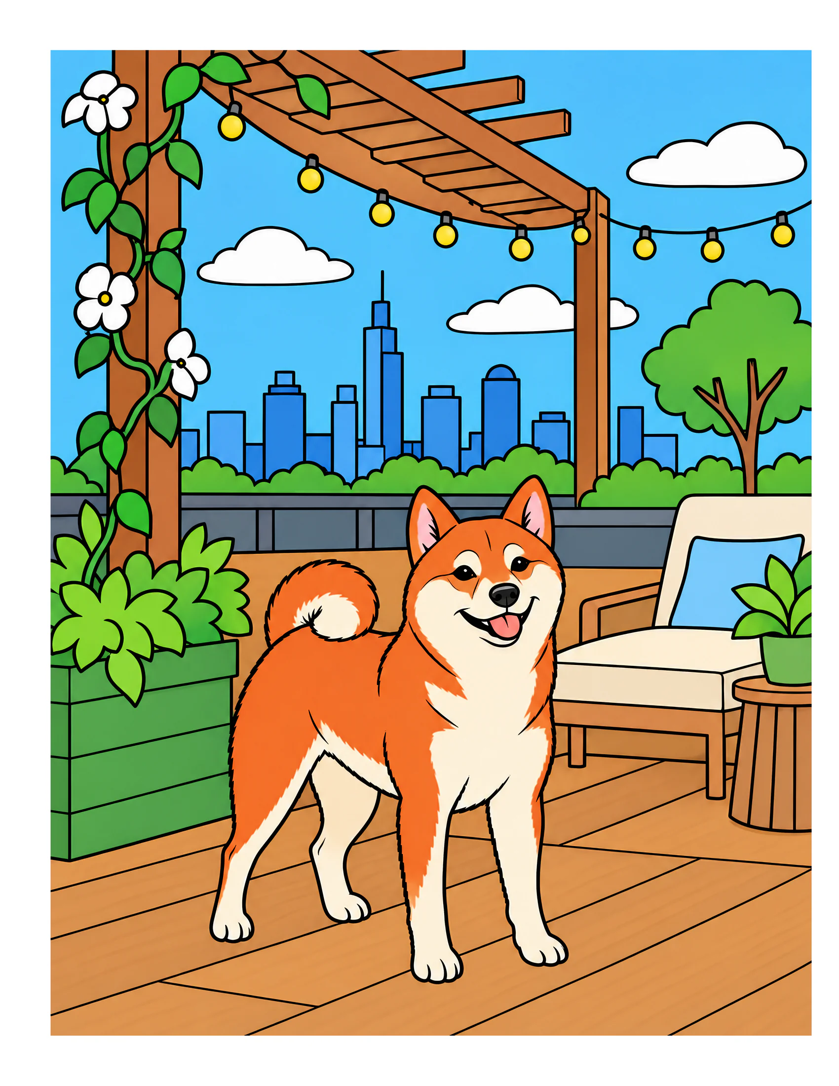 Shiba Inu on a rooftop terrace color reference for Level 1 · Easy